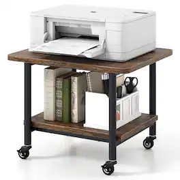 Gymax - Under Desk Printer Stand 2-Tier Mobile Printer Table w/ Storage Shelf Lockable Wheels - Brown