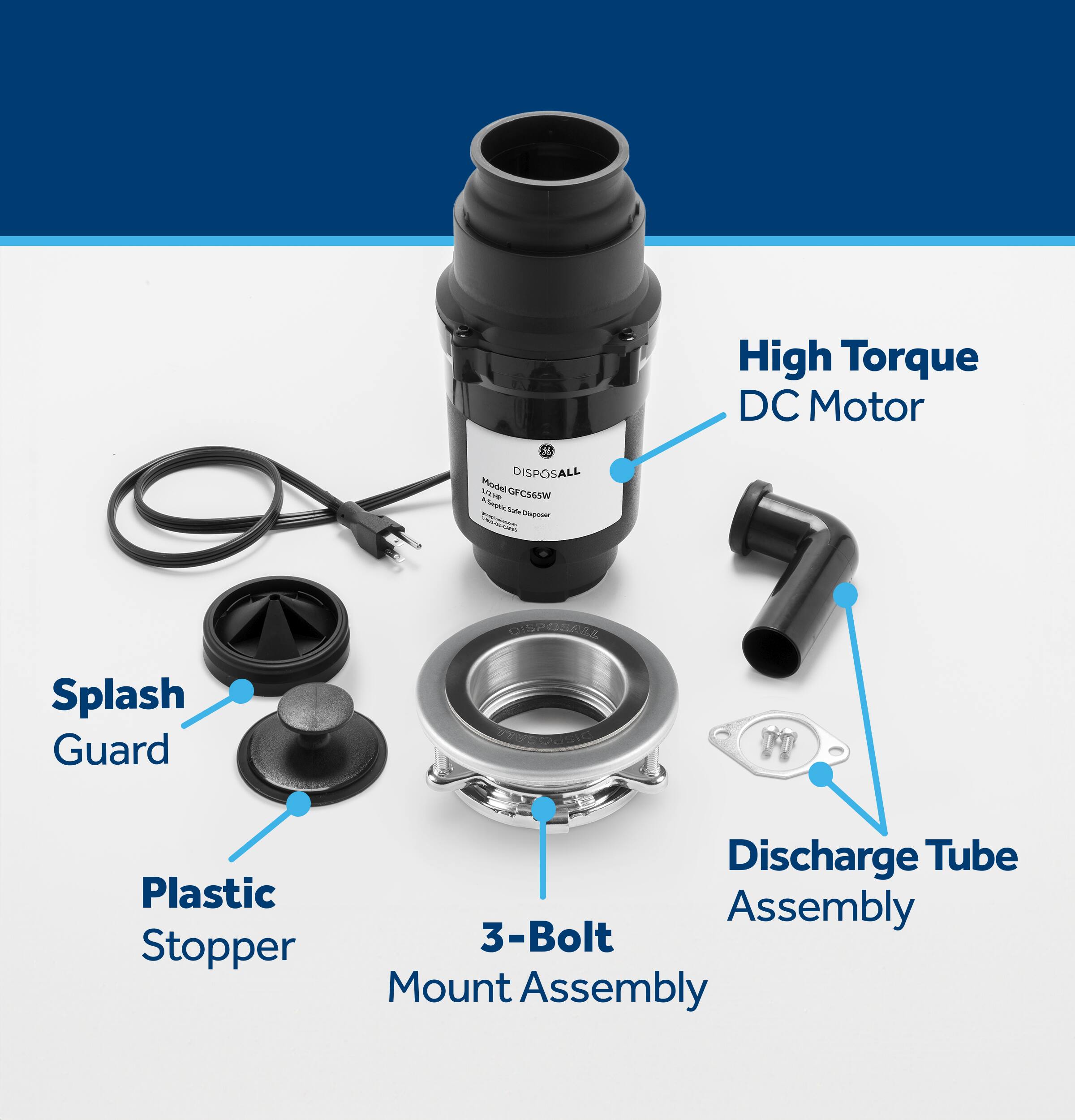 High Torque DC Motor DISPOSALL Moubel T - GFCS65W A -ts -  0V92RE Splash Guard 1 Plastic Stopper Discharge Tube Assembly 3-Bolt Mount Assembly