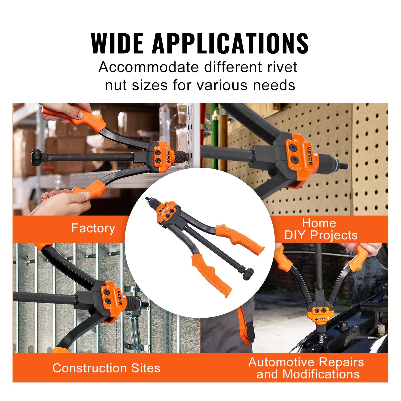 WIDE APPLICATIONS  
Accommodate different rivet nut sizes for various needs  

- Factory  
- Construction Sites  
- Home DIY Projects  
- Automotive Repairs and Modifications