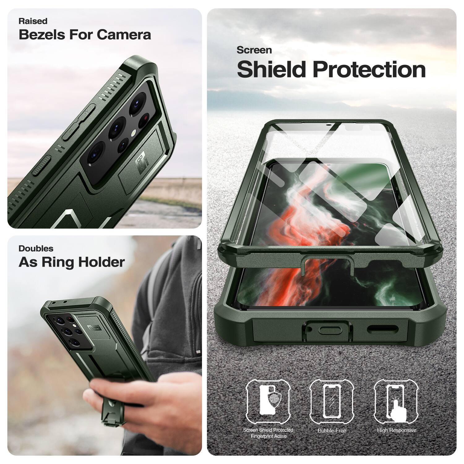 Raised Bezels For Camera, Screen Shield Protection, Doubles As Ring Holder, Screen Shield Protected, Fingerprint Active, Bubble-Free, High Responsive