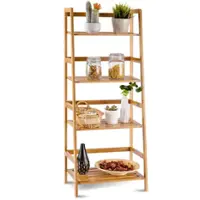 Costway - Multifunctional 4 Shelf Bamboo Bookcase Ladder Plant Flower Stand Rack Storage - Natural - Front_Zoom
