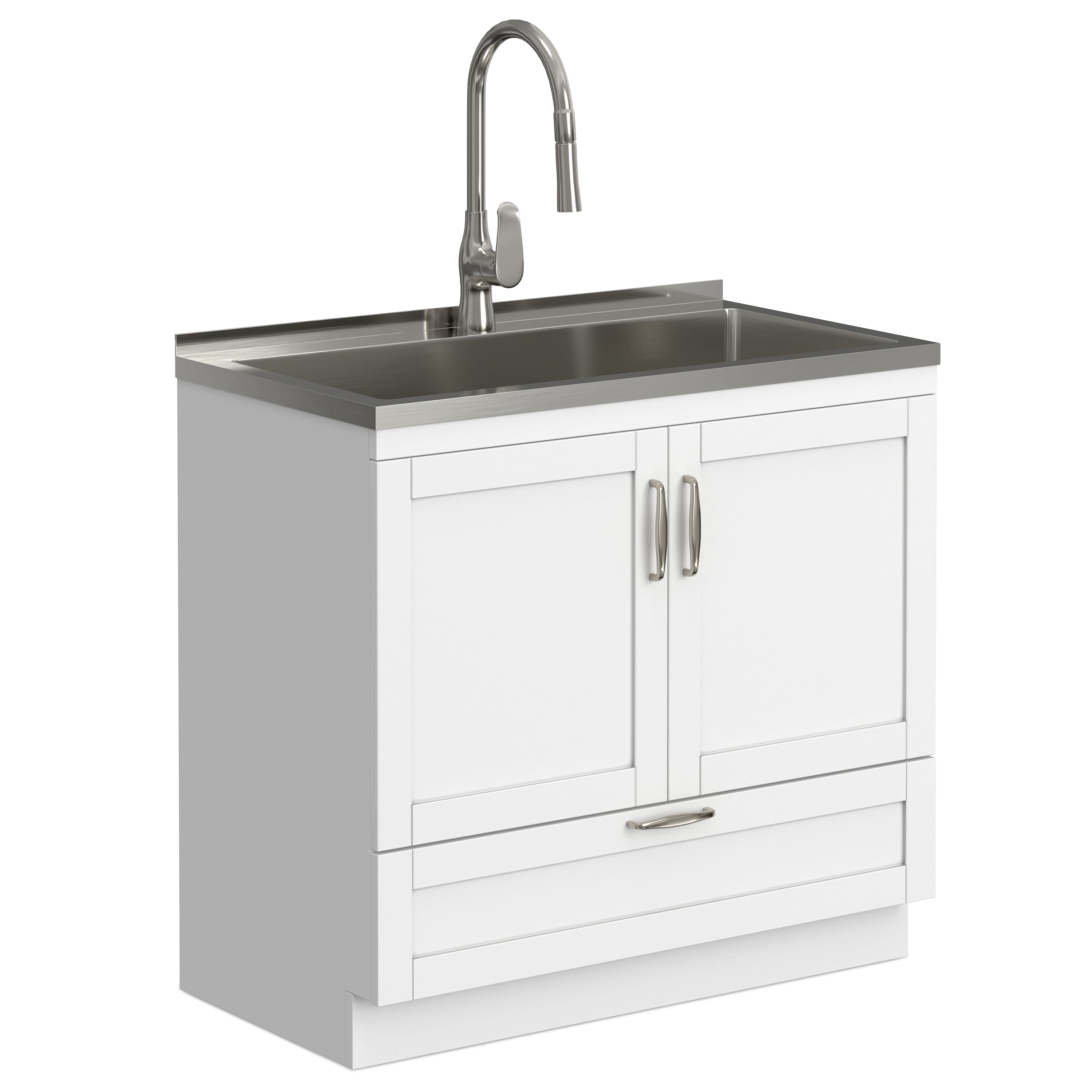 Front. Simpli Home - Reed All-In-One 36-inch Laundry Utility Sink and Cabinet - Pure White.