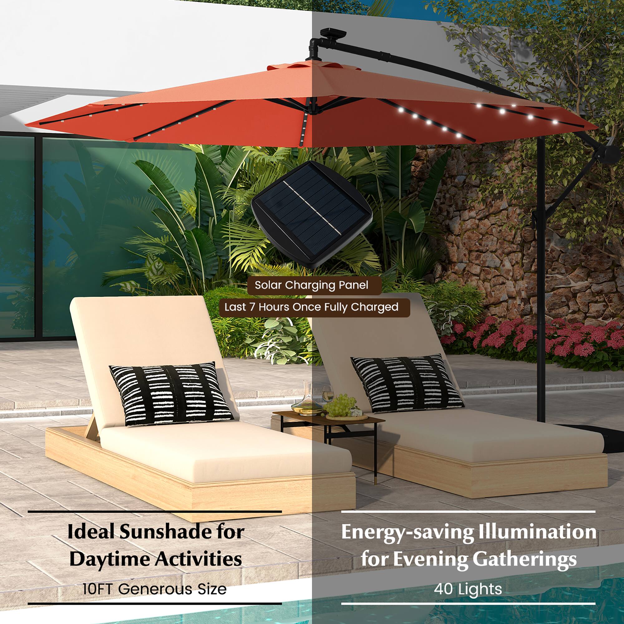 Solar Charging Panel: Last 7 Hours Once Fully Charged
Ideal Sunshade for Daytime Activities: 10FT Generous Size
Energy-saving Illumination for Evening Gatherings: 40 Lights