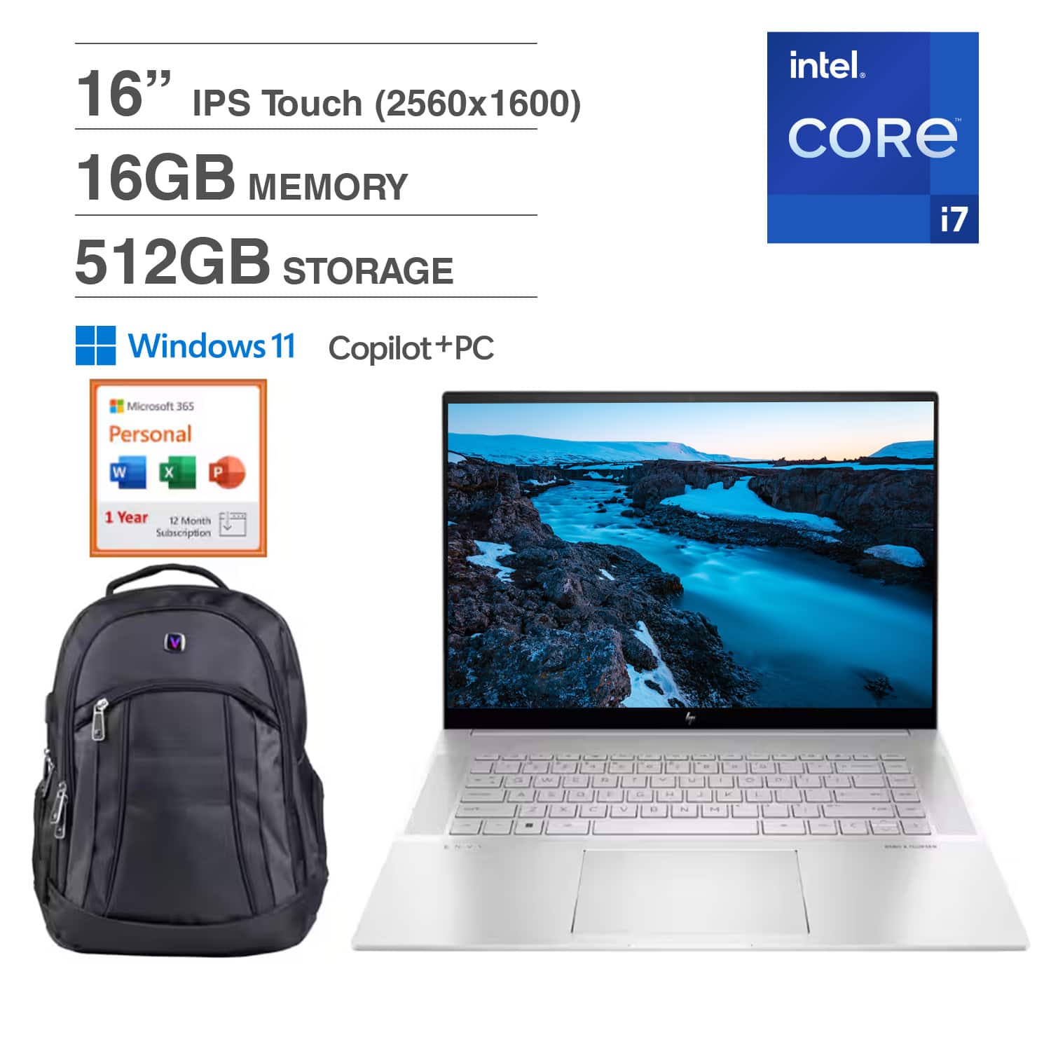 HP - Envy Laptop 16.0 WQXGA (Intel i7-13700H, 16GB DDR5, 512GB SSD, Win 11 Home) w/Backpack , Office 365 - Natural Silver Aluminum