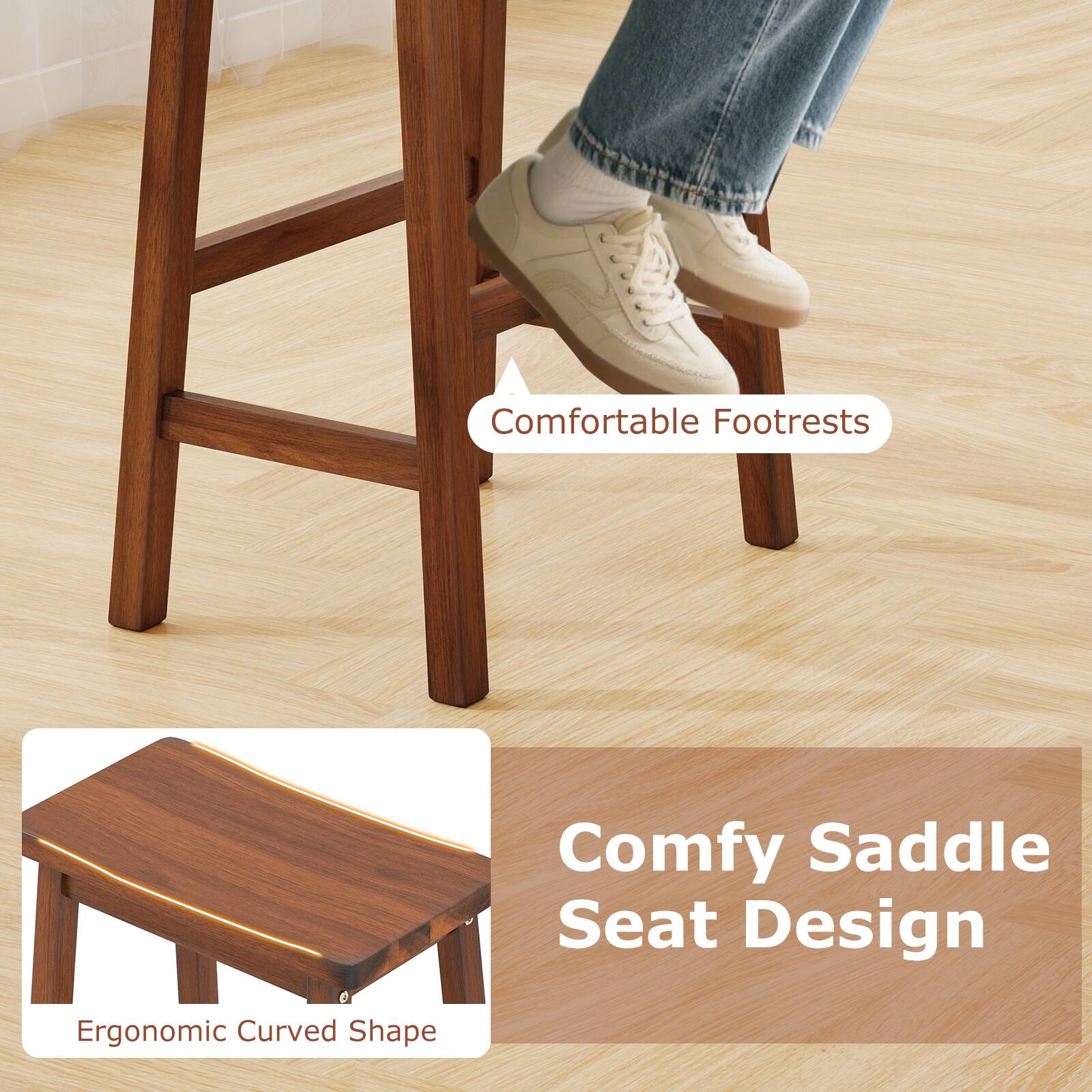 Comfortable Footrests  
Comfy Saddle Seat Design  
Ergonomic Curved Shape