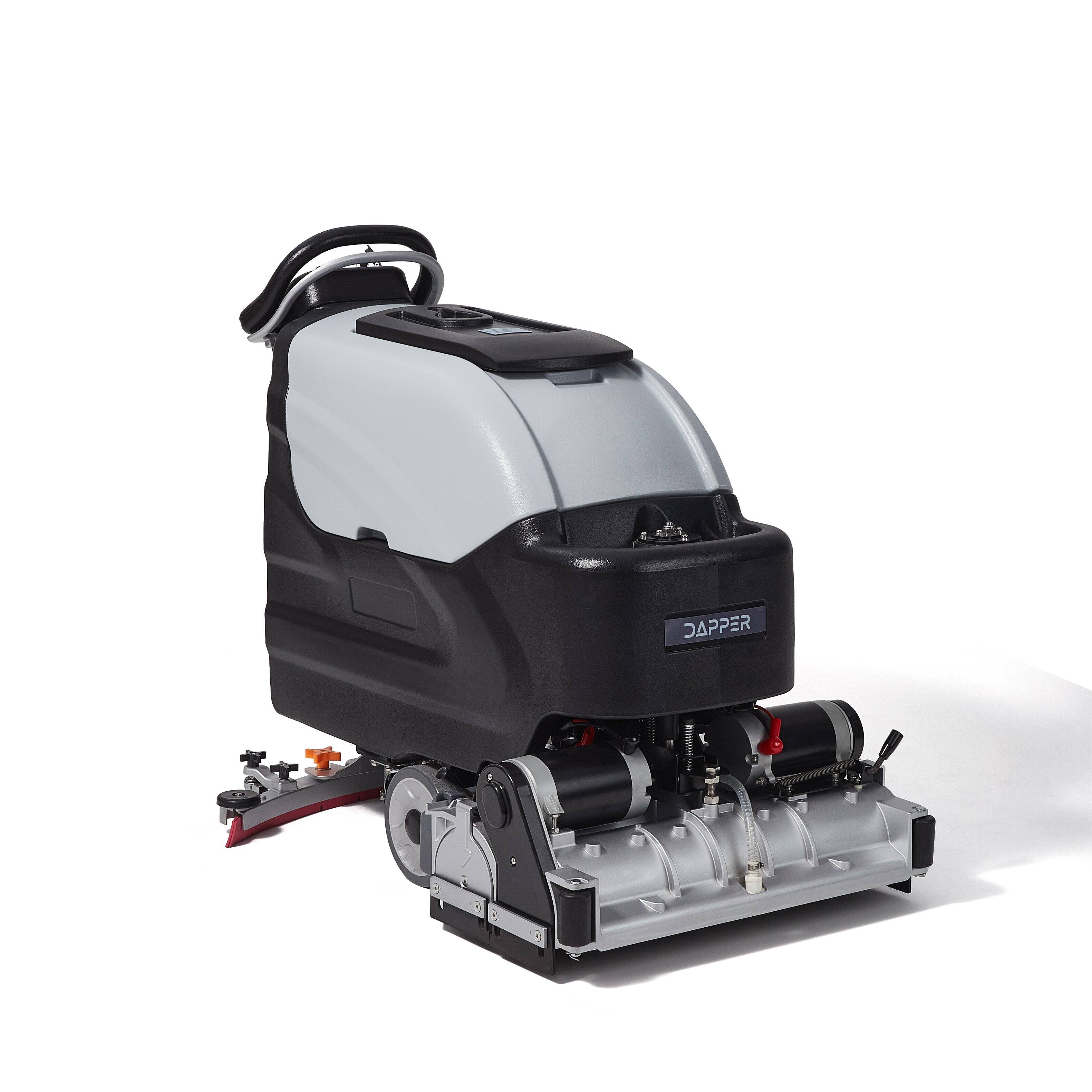 Left. Dapper Supply - Battery Powered Commercial Floor Cleaner 25.5 Inch Path Self Propelled 4 Hour Runtime 2 Year Warranty - Grey.