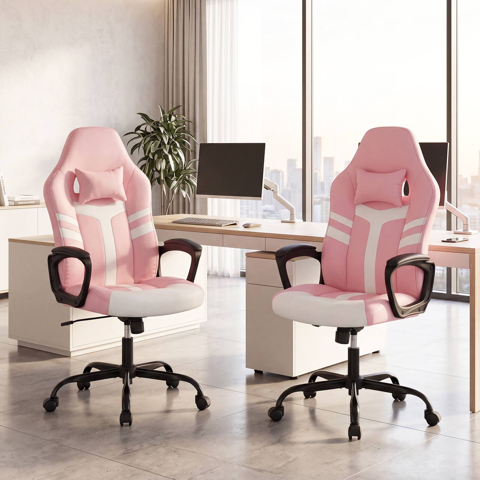 Alt View 4. Costway - Costway Faux Leather Upholstered Office Chair with Removable Head Pillow, Padded Armrests - Pink + Black.