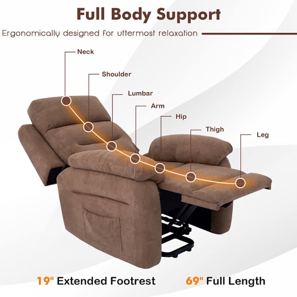 Full Body Support  
Ergonomically designed for ultimate relaxation  

Neck  
Shoulder  
Lumbar  
Arm  
Hip  
Thigh  
Leg  

19" Extended Footrest  
69" Full Length
