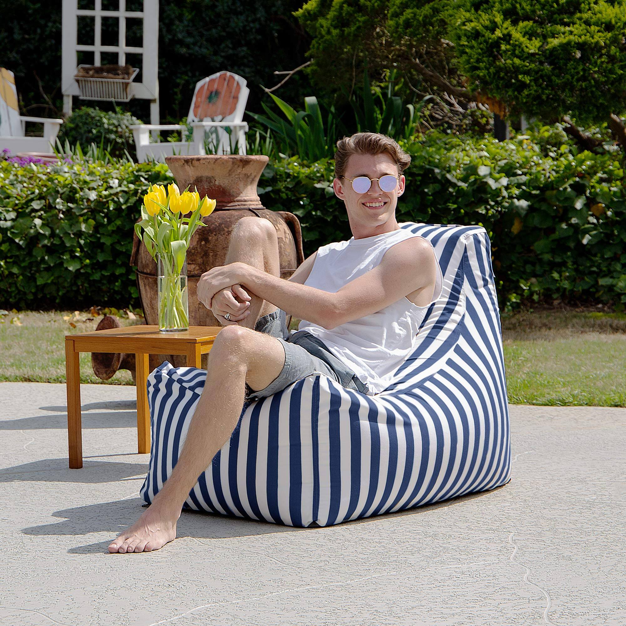 Alt View 5. JETRANSPORT - Juniper Outdoor Bean Bag Patio Chair & Poolside Lounge Navy Striped OUTDOOR BEAN BAG FOR ANY LOCATION - - Navy Striped.