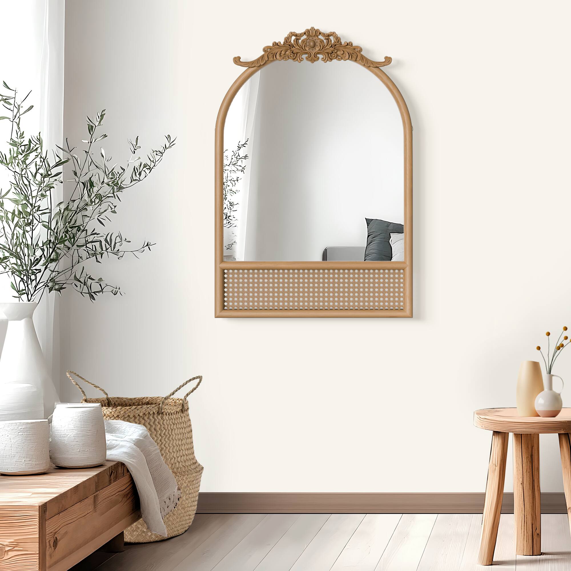 Alt View 2. Lirago - 36" x 24" rattan weaving Arched Hanging Bathroom Mirror with Gold Scratch-Resistant Aluminum Alloy Frame - Brown.