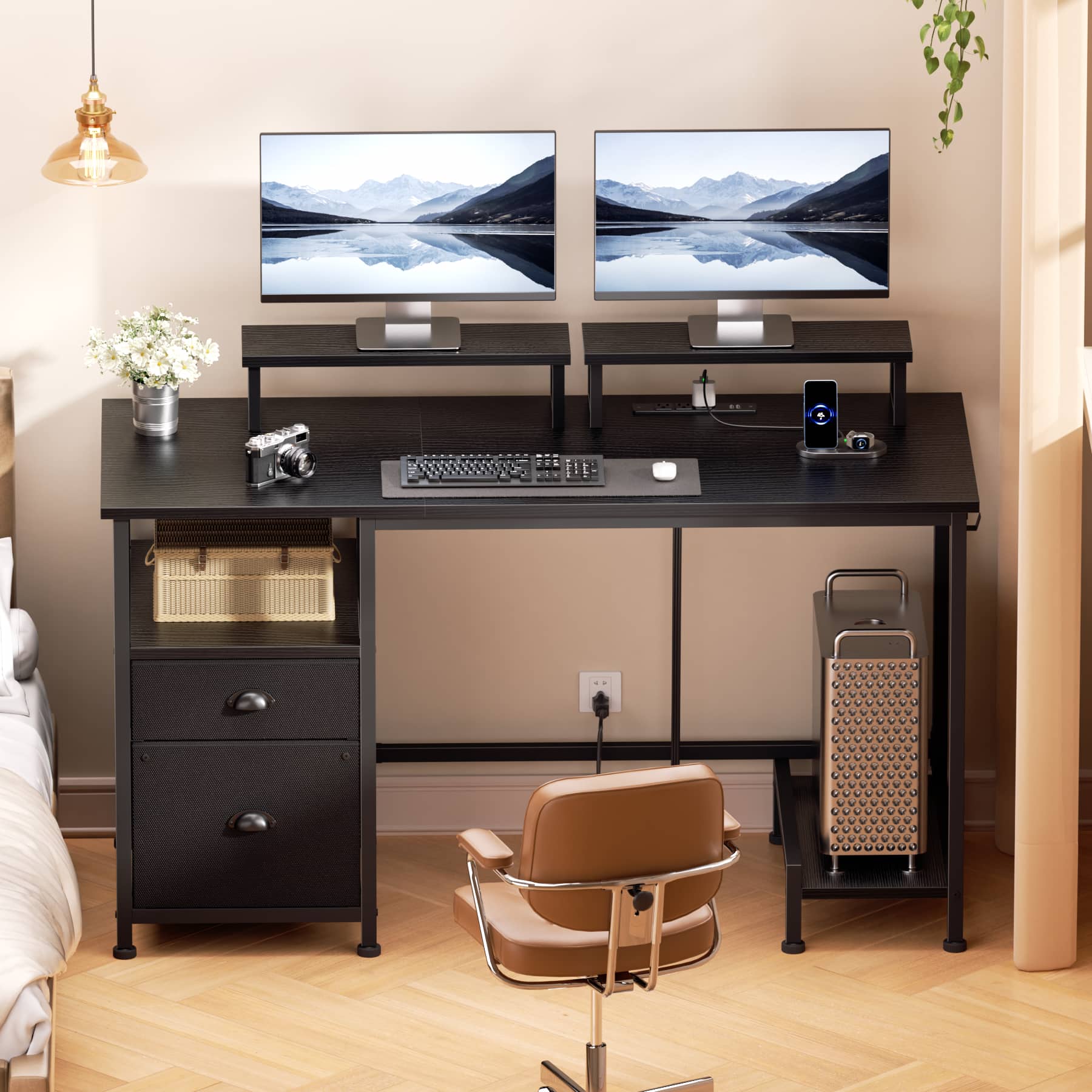 Furnulem - 47 In Computer Desk with 2 monitor stands work office Computer Table - Black