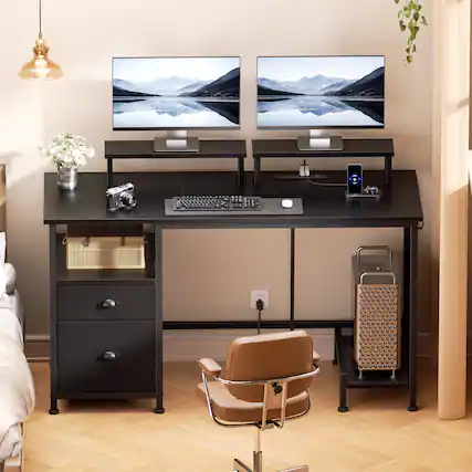 Front. Furnulem - 47 In Computer Desk with 2 monitor stands work office Computer Table - Black.