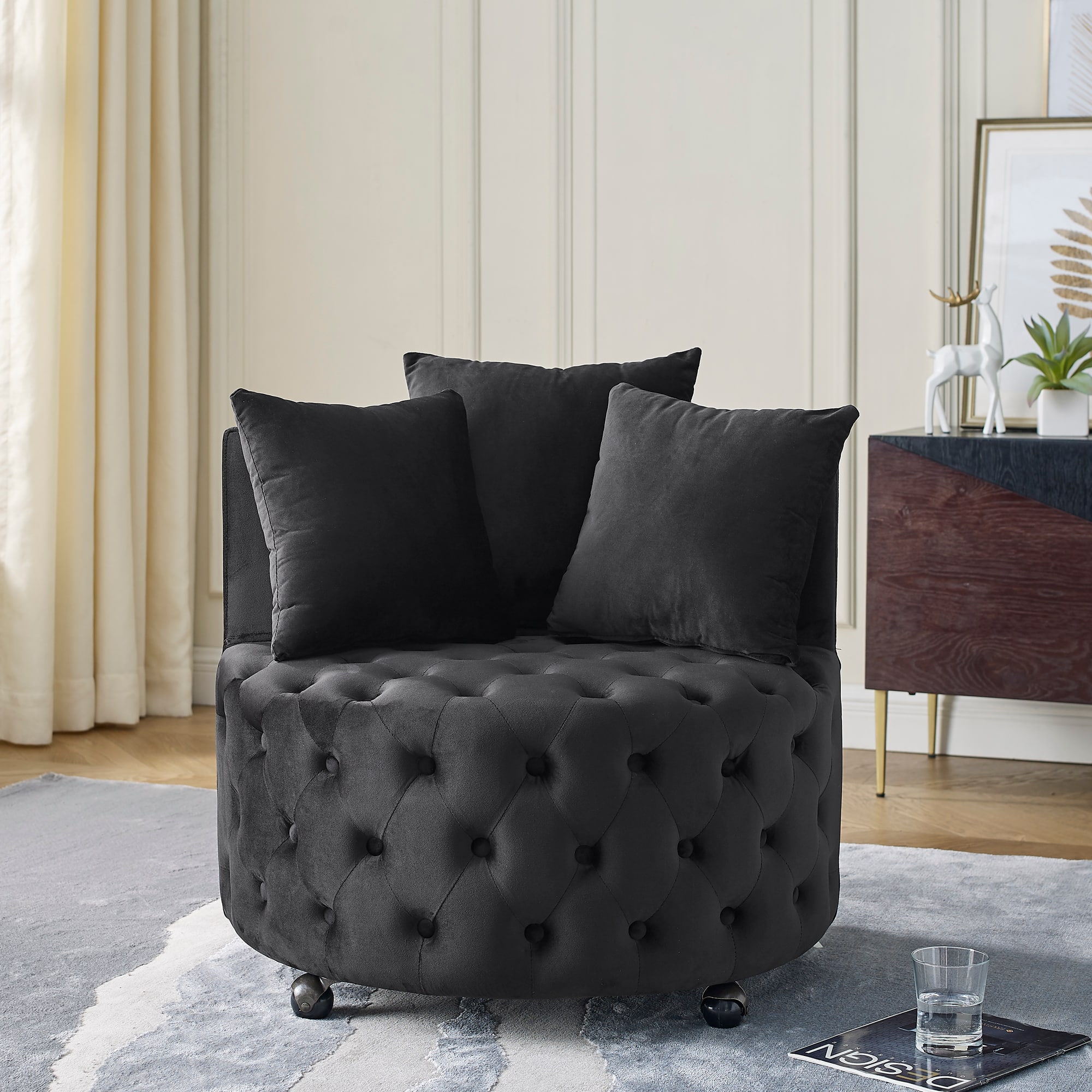 GOODSILO - Luxury Upholstered Swivel Accent Chair with Tufted Back and Caster Wheels for Elegant Home Seating - Black