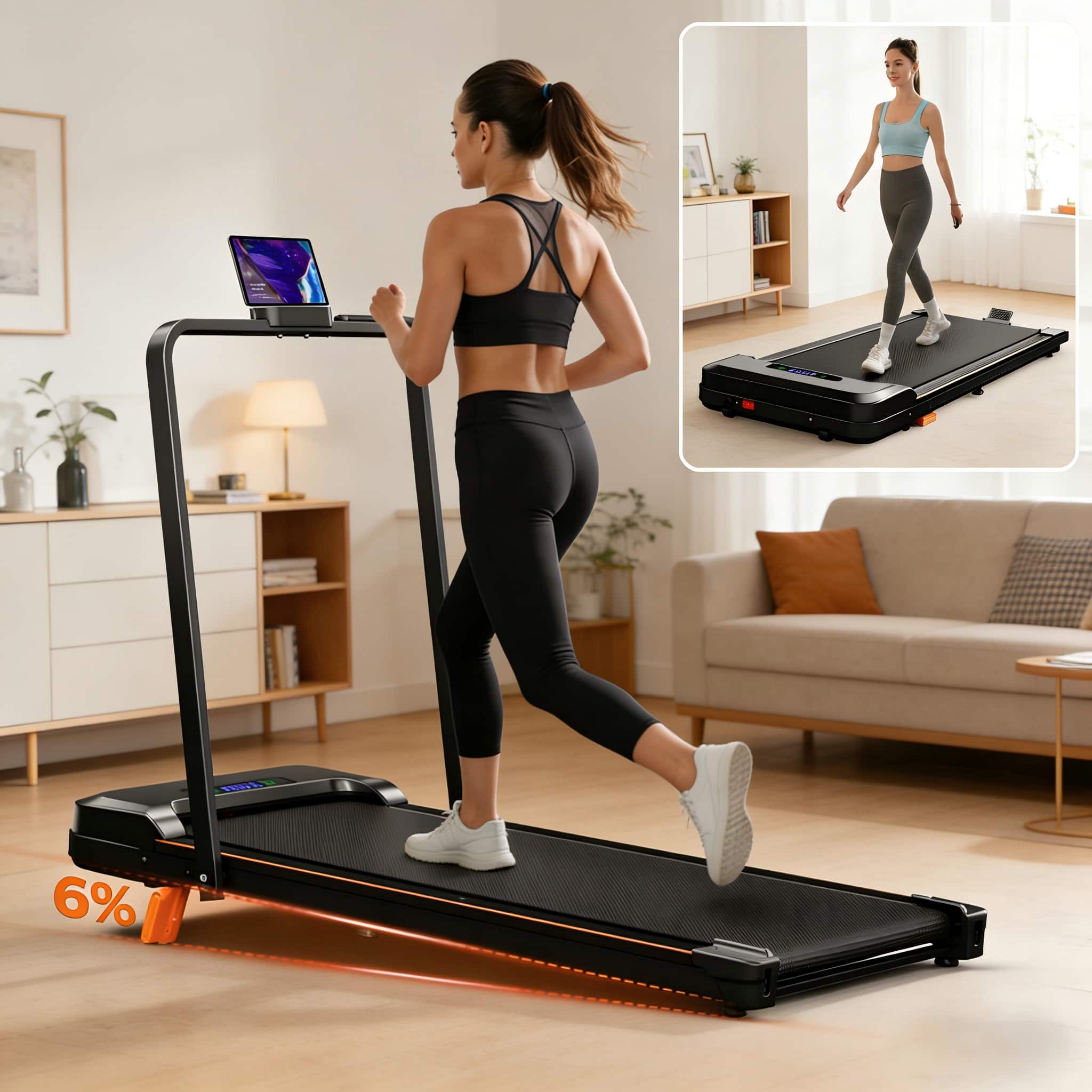 Brick Attic - 3in1 Walking Pad with Incline,Portable Under Desk Treadmill for Walking Jogging for Home, Remote Control Low-Noise - Black