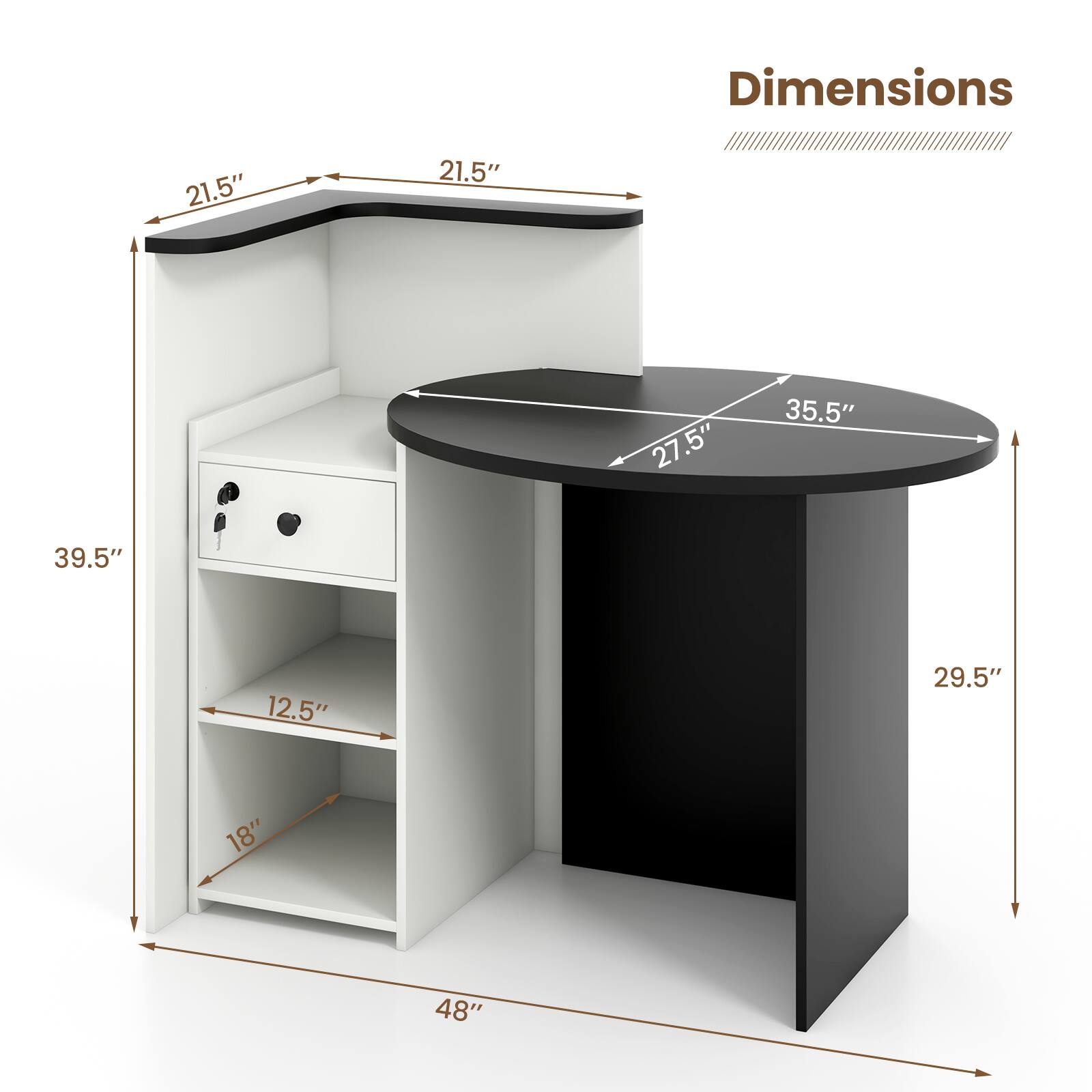 Dimensions: 21.5" x 21.5" x 27.5" x 35.5" x 39.5" x 12.5" x 29.5" x 18" x 48".