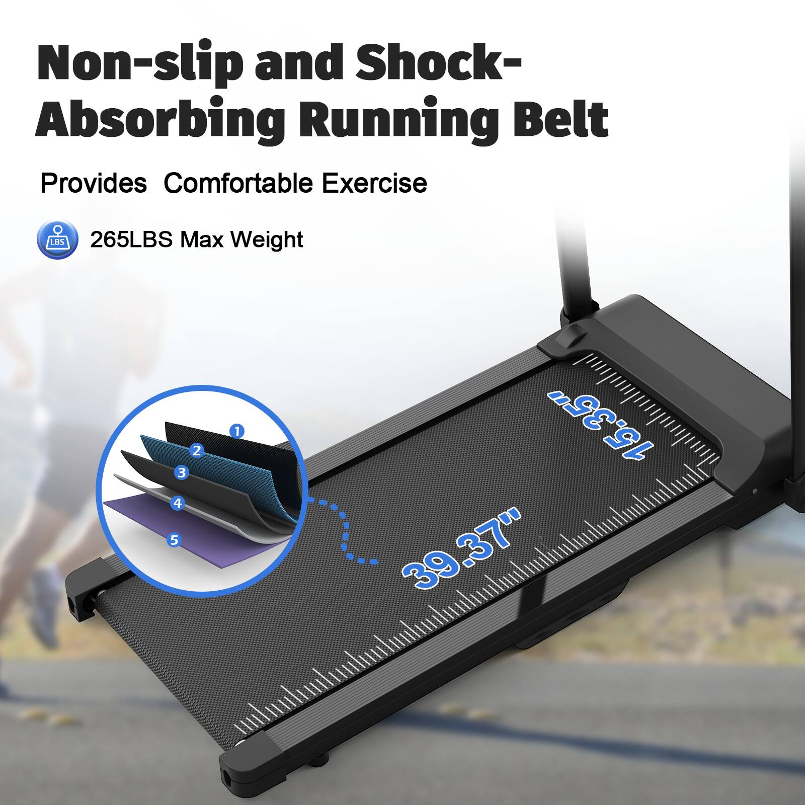 Non-slip and Shock-Absorbing Running Belt Provides Comfortable Exercise 265LBS Max Weight 39.37" 15.35"