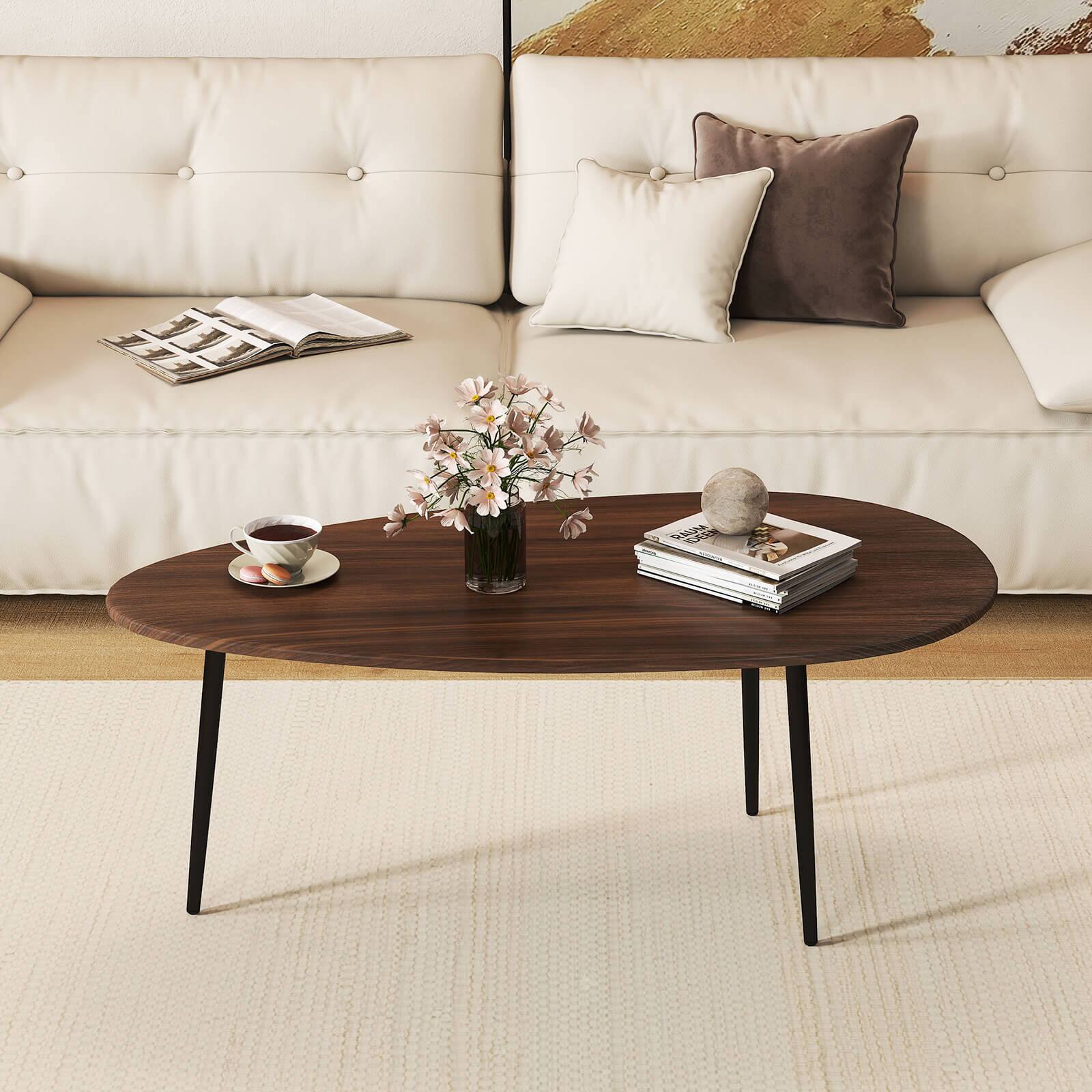 Alt View 3. Costway - Costway Oval Coffee Table with Sturdy Metal Construction & Compact Design, Retro Sofa Table - Walnut.