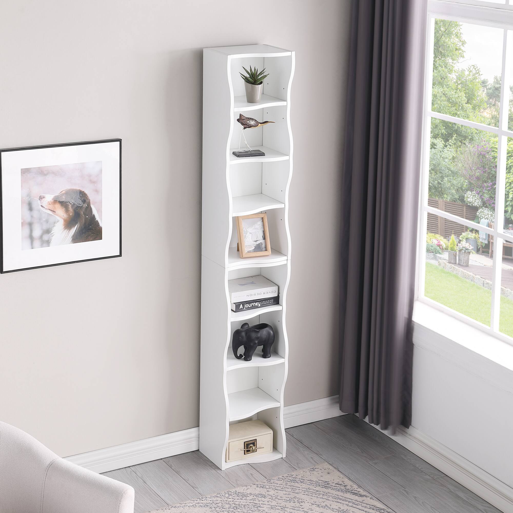 Left. GOODSILO - Ultra-Thin Adjustable Shelf Bookcase with Wavy Border Design for Home and Office Storage Solutions - White.