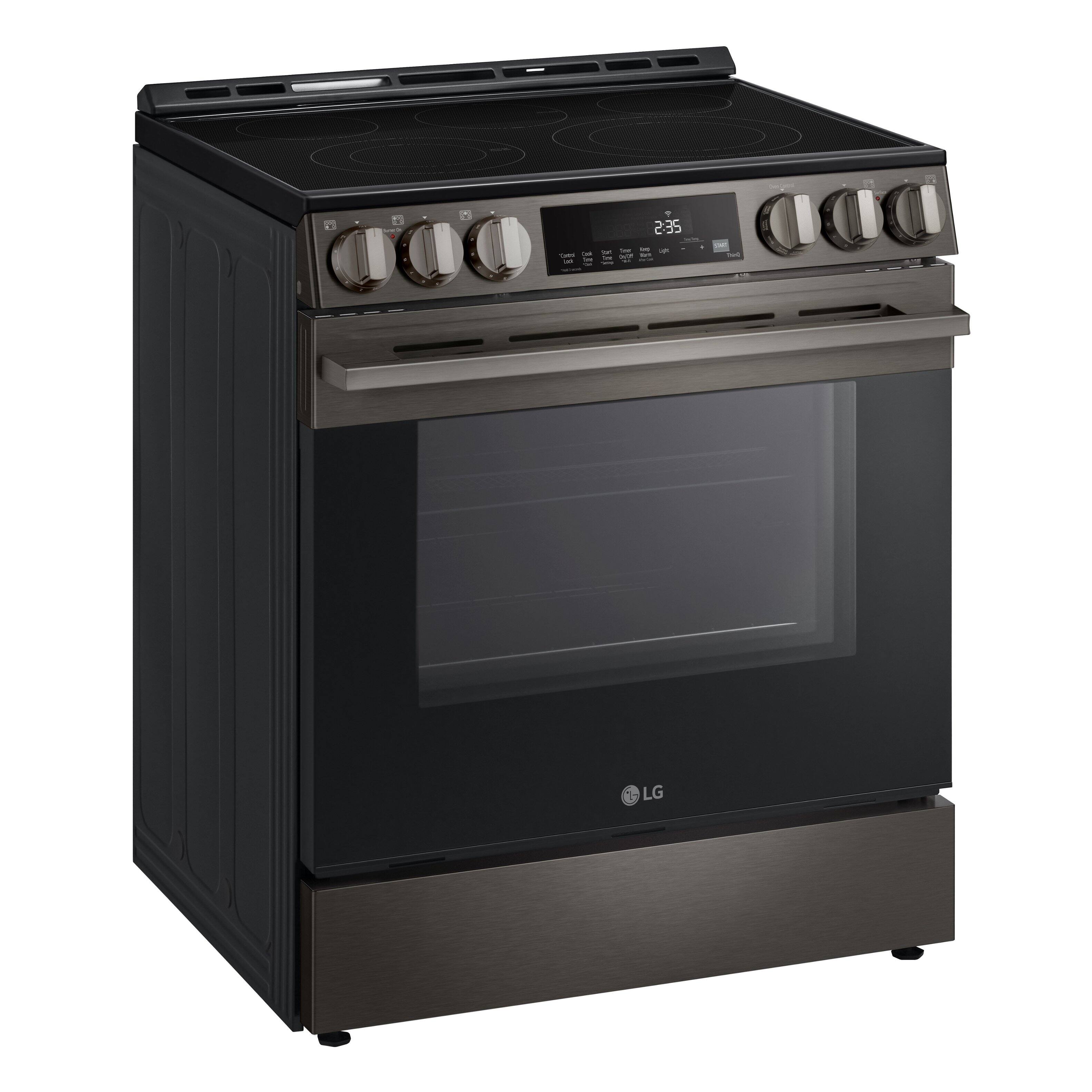 Angle. LG - 6.3 Cu. Ft. Slide-In Electric True Convection Smart Range with Air Fry and Premium Handle - PrintProof Black Stainless Steel.