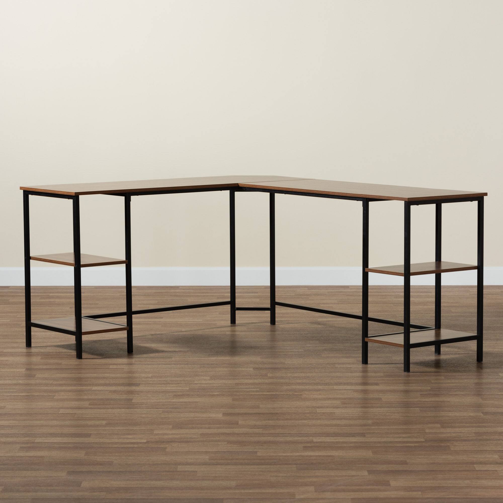 Alt View 5. Baxton Studio - Lydia Modern Finished Wood and Metal L-Shaped Corner Desk with Shelves - Walnut Brown/Black.