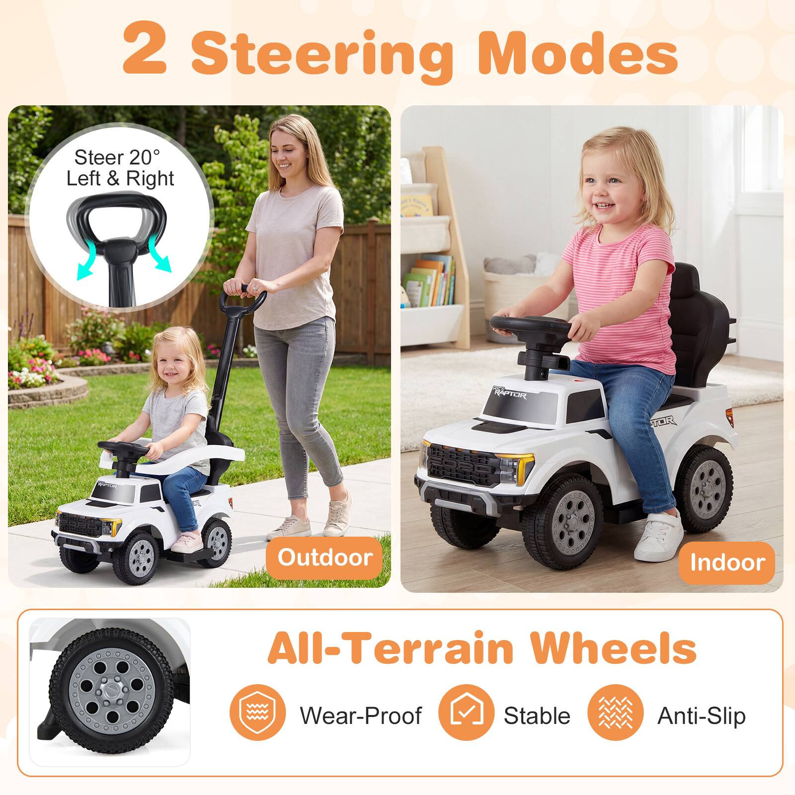 2 Steering Modes  
Steer 20° Left & Right  
C TOR Outdoor Indoor All-Terrain Wheels  
Wear-Proof Stable Anti-Slip