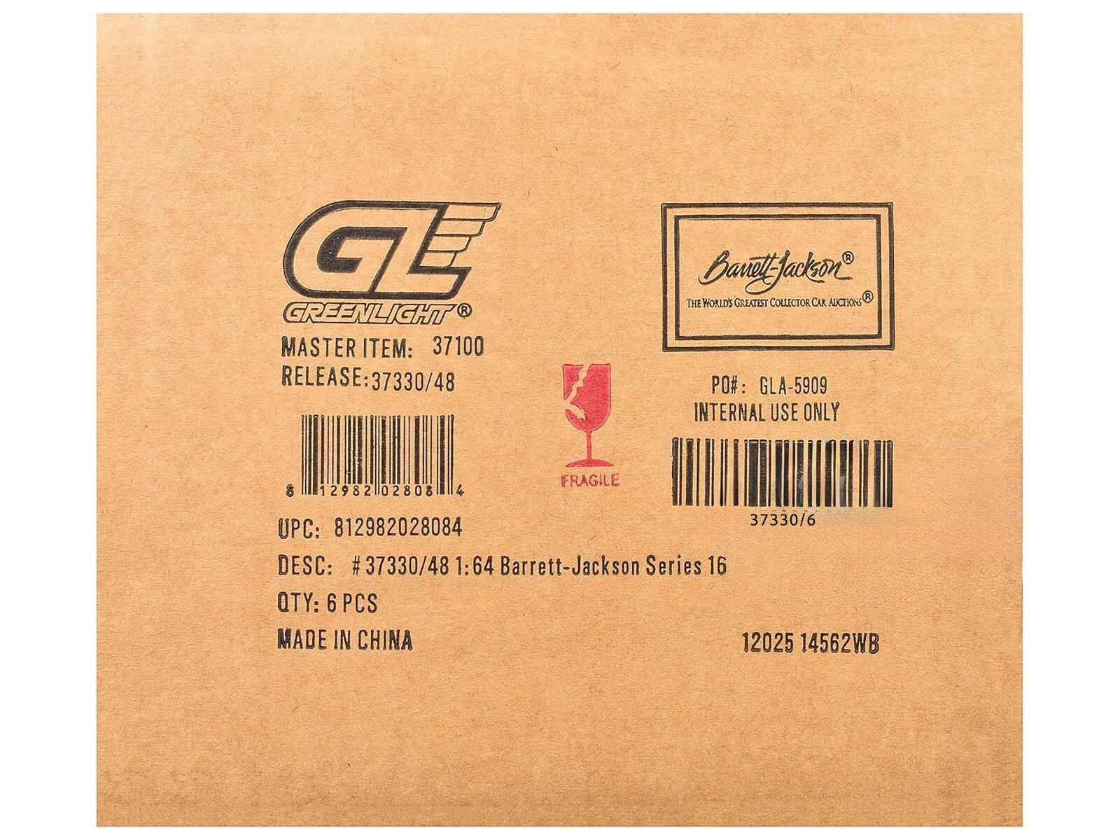 GREENLIGHT  
MASTER ITEM: 37100  
RELEASE: 37330/48  

UPC: 812982028084  
DESC: # 37330/48 1:64 Barrett-Jackson Series 16  
QTY: 6 PCS  
MADE IN CHINA  

Barrett-Jackson  
THE WORLD'S GREATEST COLLECTOR CAR AUCTIONS®  

PO#: GLA-5909  
INTERNAL USE ONLY  

FRAGILE  

12025 14562WB