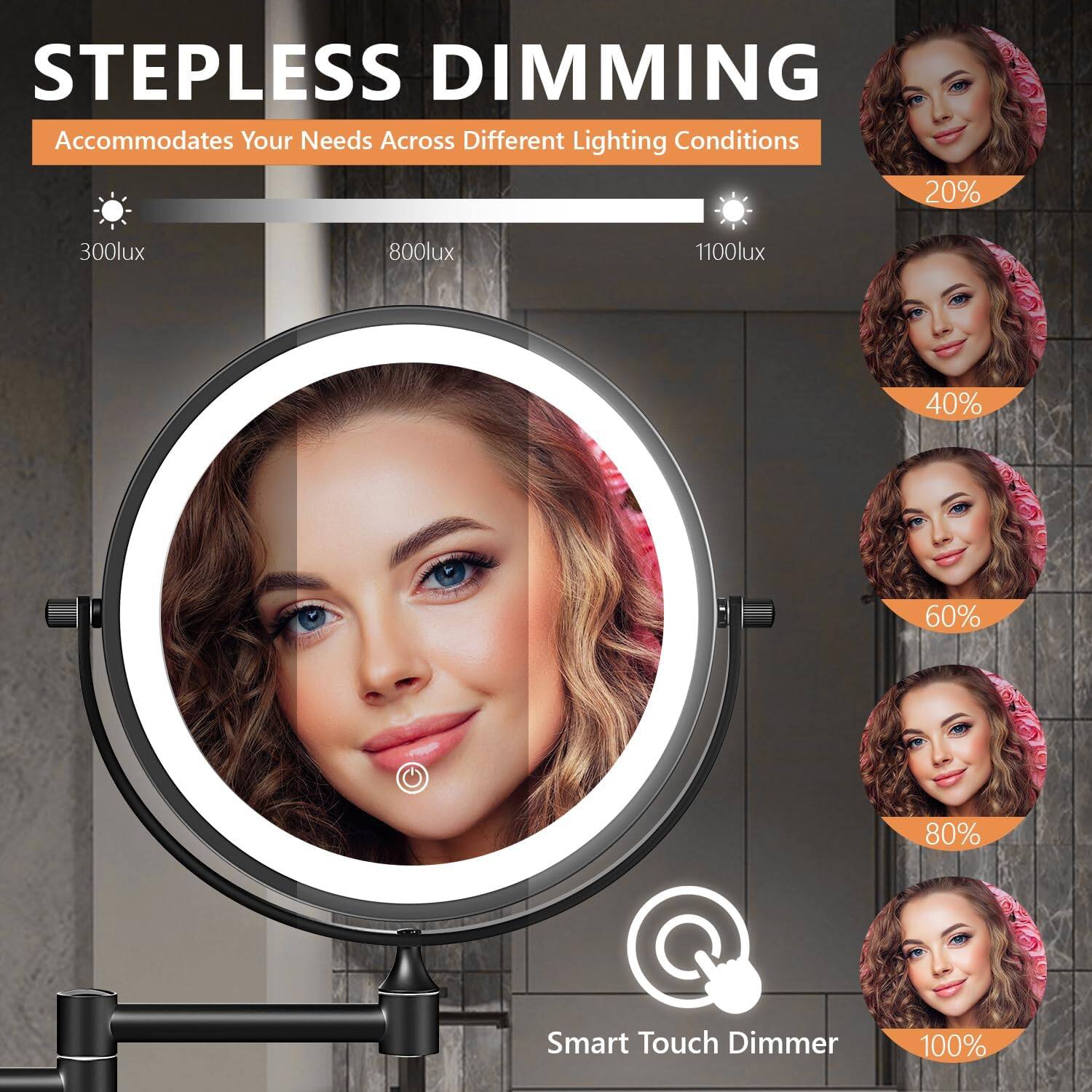 Stepless Dimming  
Accommodates Your Needs Across Different Lighting Conditions  

300lux  
800lux  
1100lux  

20%  
40%  
60%  
80%  
100%  

Smart Touch Dimmer