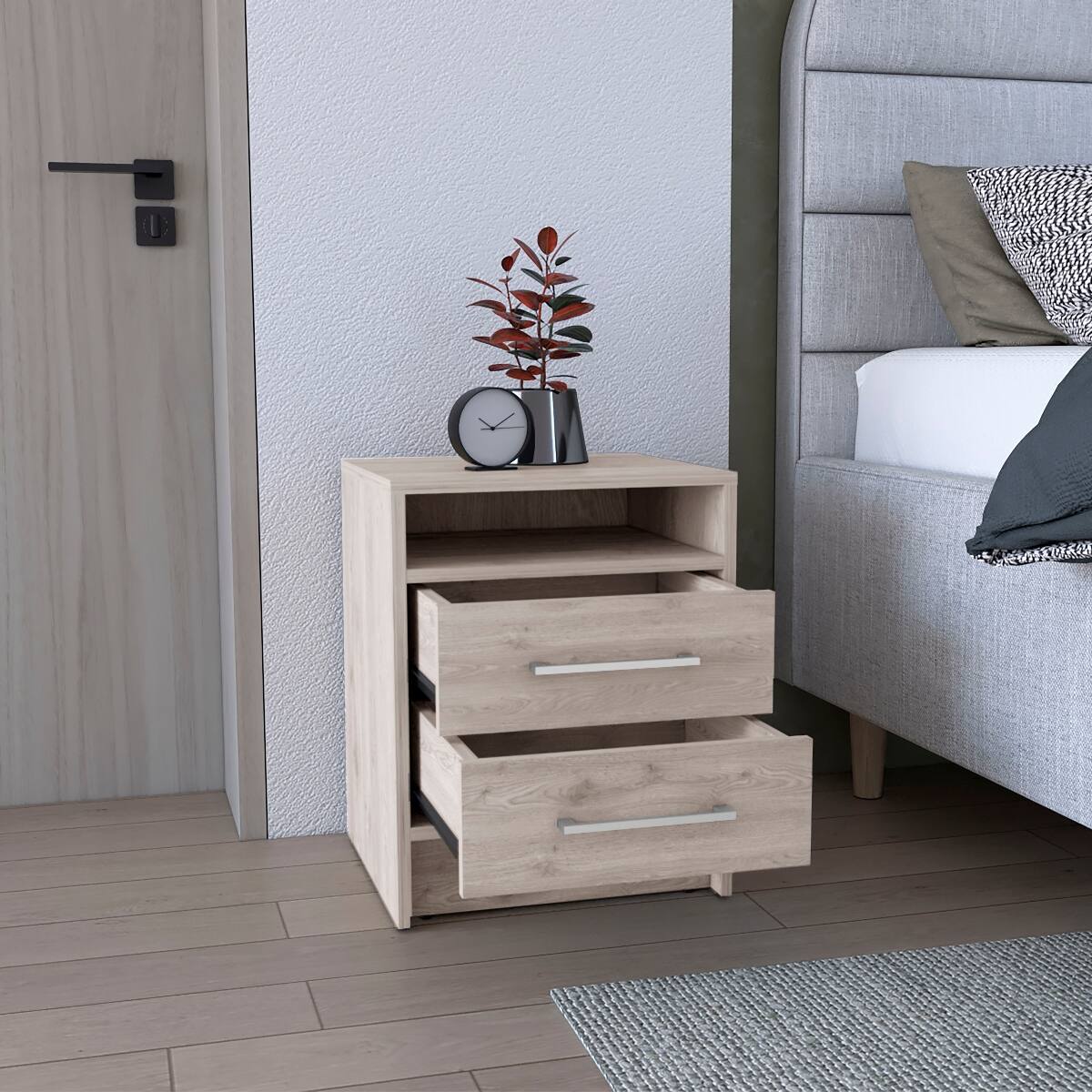 Alt View 1. Loheer - Loheer Light Gray Nightstand with Two Drawers and Open Shelf for Small Spaces - Light Gray.