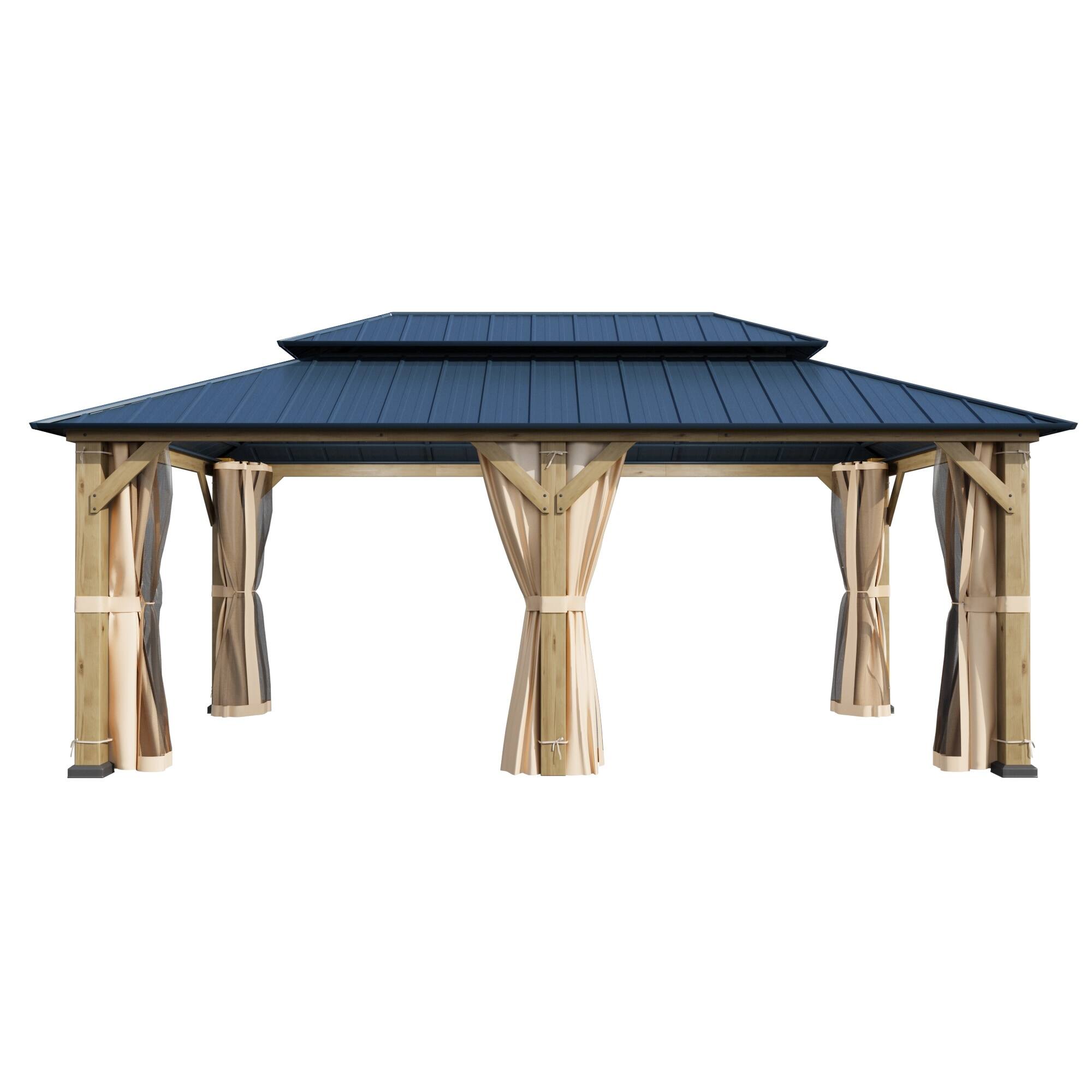 Alt View 2. U-HOMY - Double Roof Wood Gazebo with Metal Hardtop, Rustic Gray Outdoor Pergola Shelter for Patio, Garden & Backyard - 12'x20'.