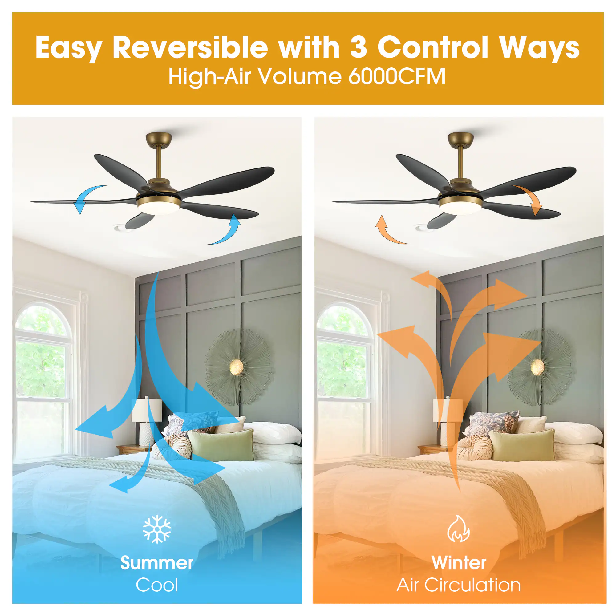 Easy Reversible with 3 Control Ways  
High-Air Volume 6000CFM  

Summer Cool  
Winter Air Circulation