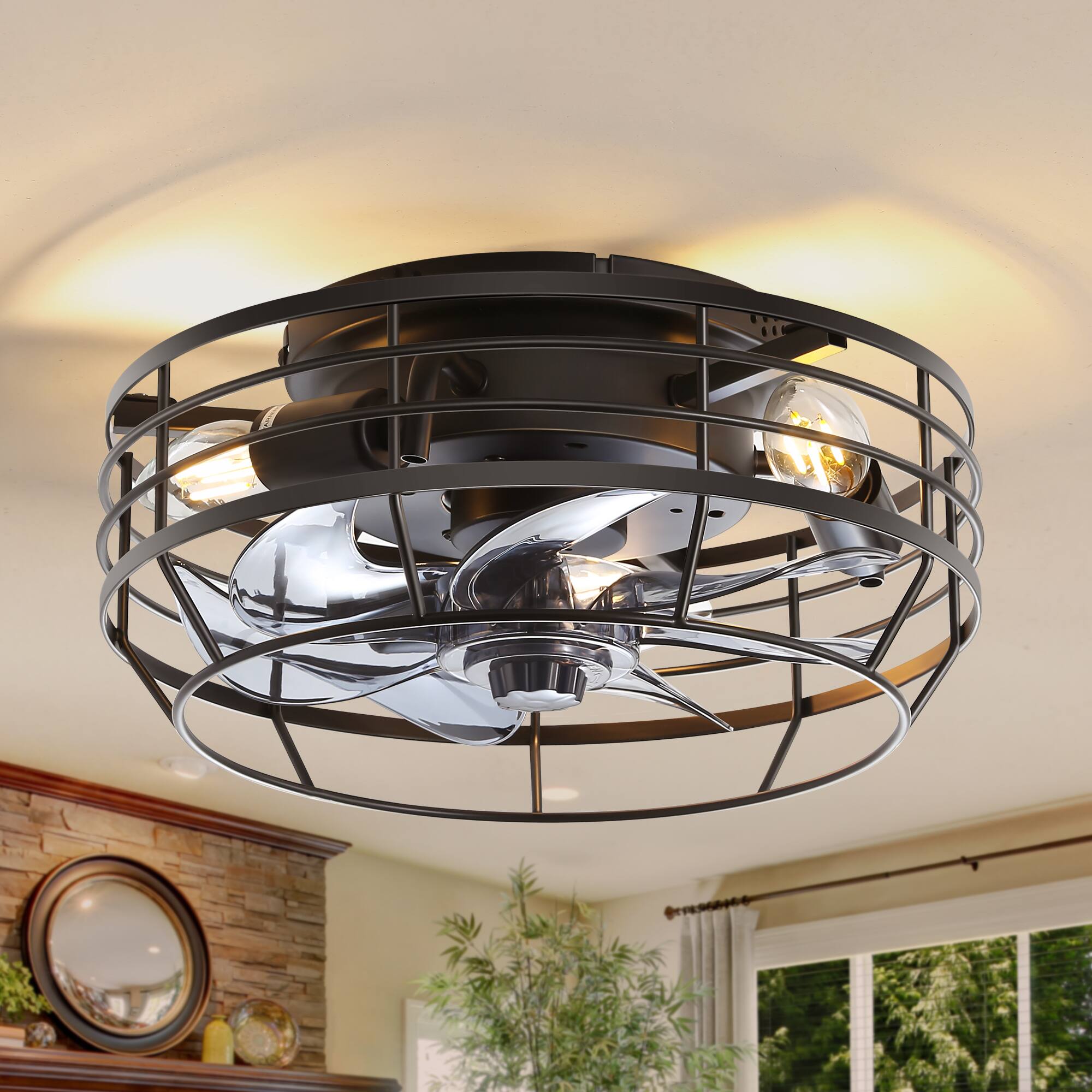 Back. Breezary - 12" Indoor Flush Mount Cage Ceiling Fan with Remote, 7 Blades, 6-Speed DC Motor, Timer & Memory, Compact for Small Rooms - Matte Black.