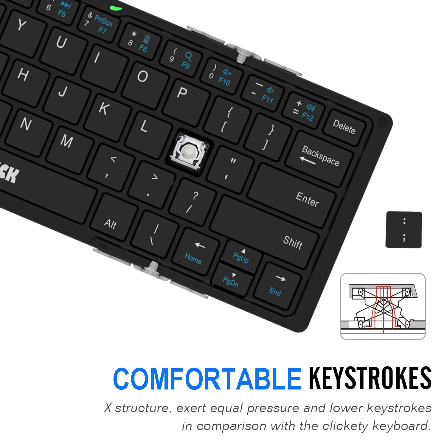 Y U I O P  
H J K L ;  
N M , . /  
Alt Shift Enter Backspace Delete  
Home PgUp PgDn End  
COMFORTABLE KEYSTROKES  
X structure, exert equal pressure and lower keystrokes in comparison with the clickety keyboard.
