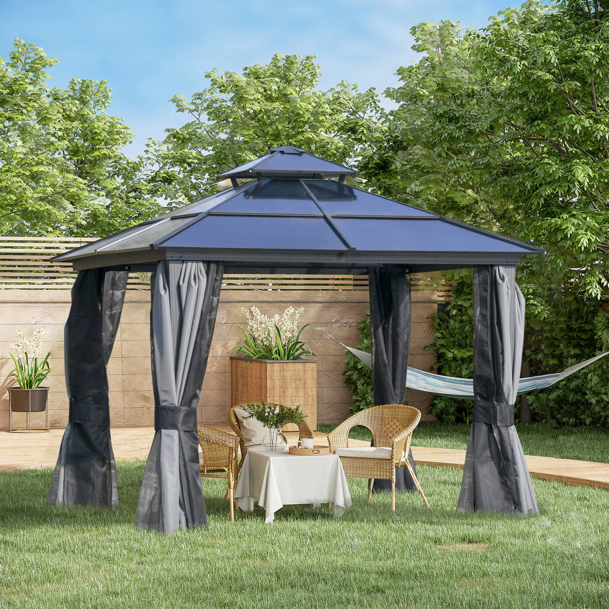 Alt View 1. Outsunny - 10' x 10' Hardtop Gazebo Canopy with Polycarbonate Roof, Aluminum Frame, Permanent Pavilion Outdoor Gazebo - Dark Grey/Charcoal grey.