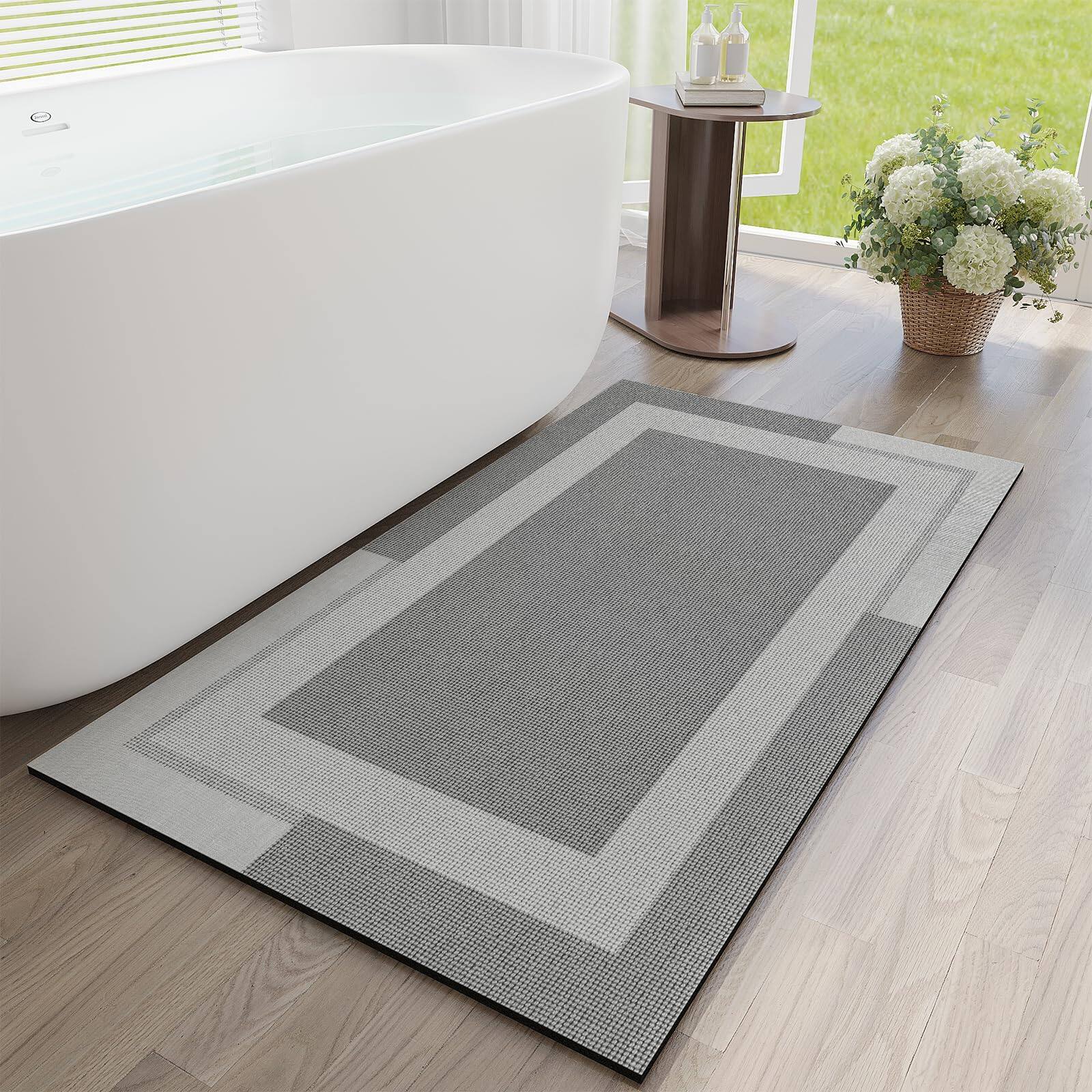 Paradigms Interiors - Non Slip Bath Mat Rubber Backing Ultra Thin Bathroom Rugs Fit Under Door Quick Dry Super Absorbent Washable Rug Shower F - Light Gray-24” x 48“