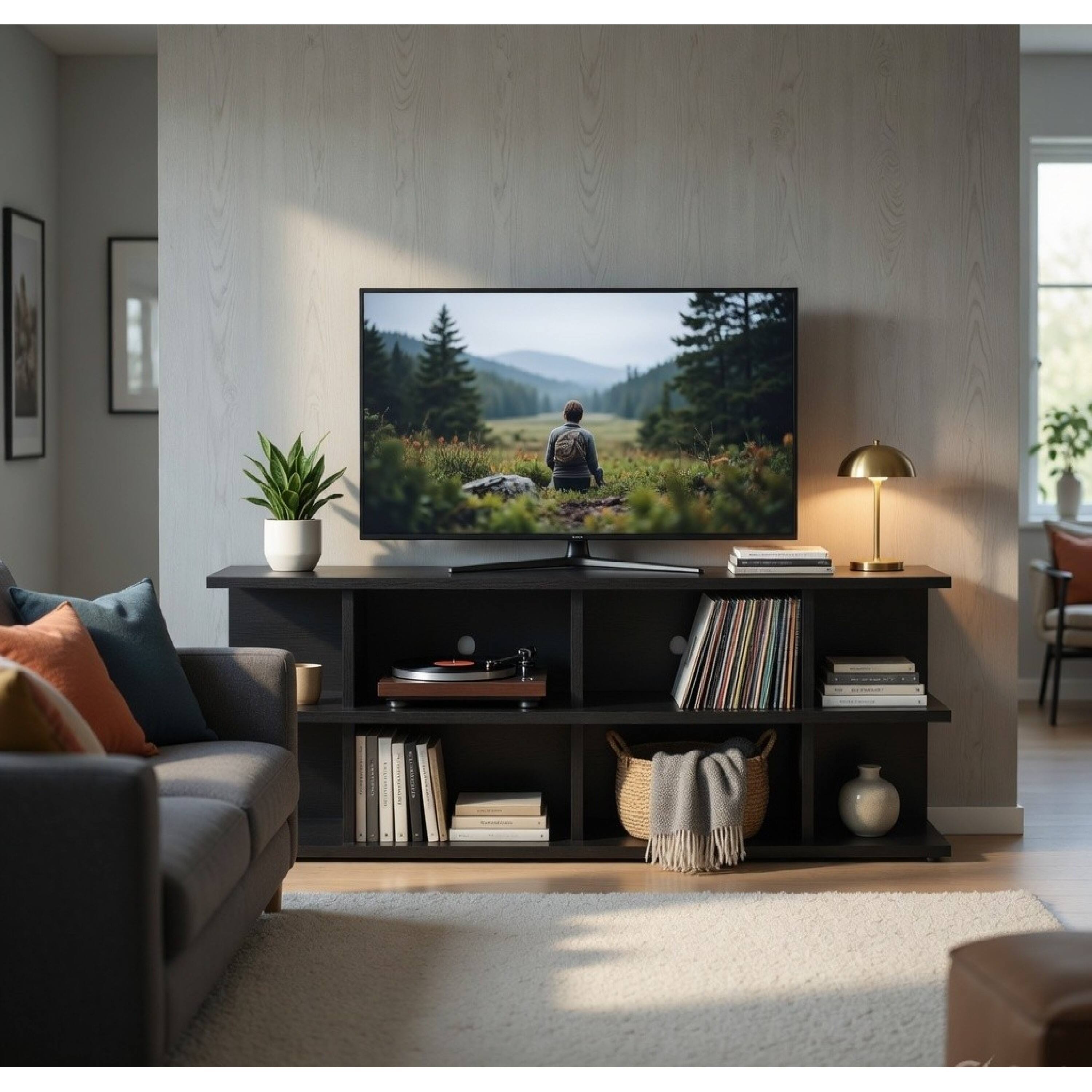 Alt View 8. Manhattan Lane - Carie TV Stand Media Console, 2-Tier Open Shelves, Black Wood 78 Inch - Black.