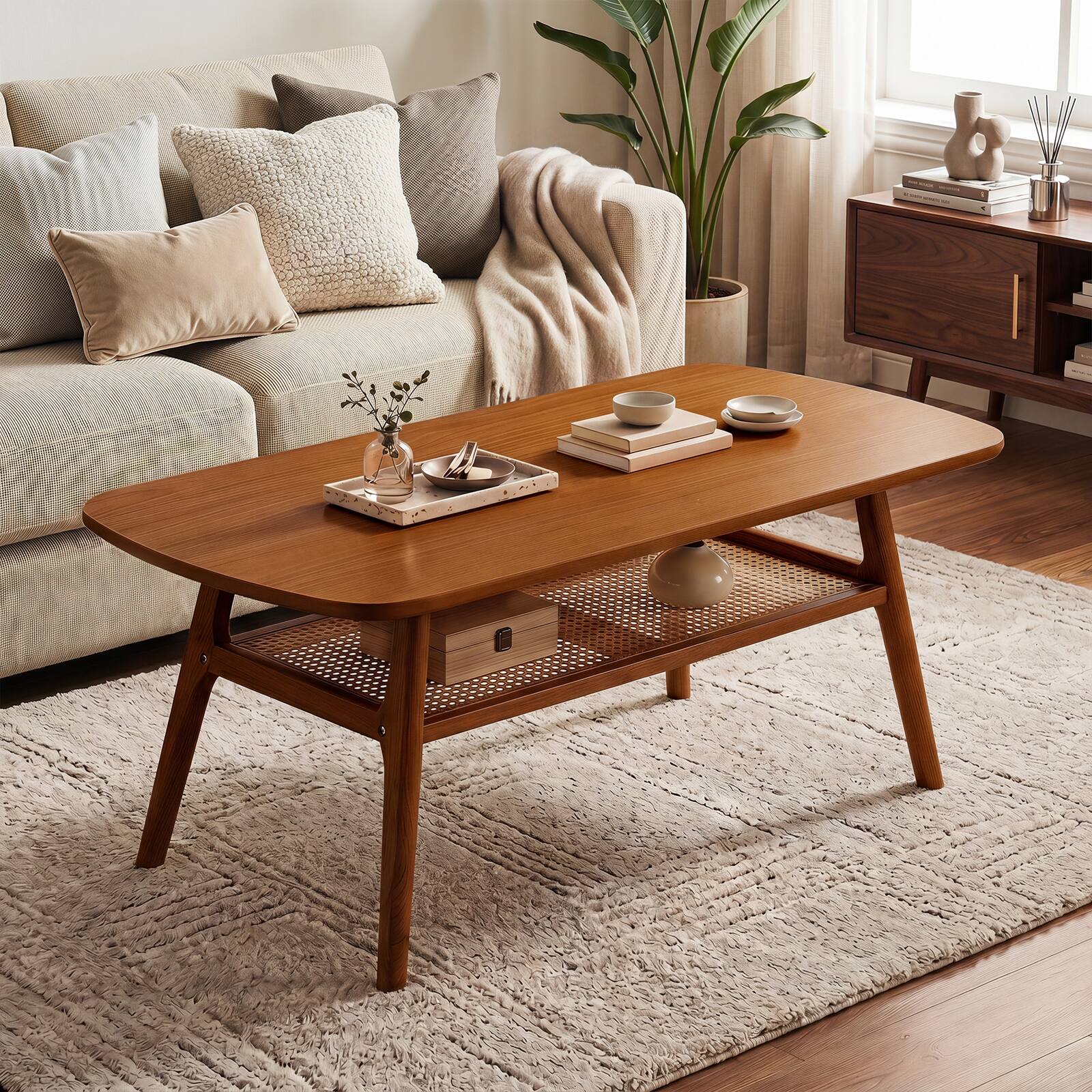 Alt View 3. Gymax - Gymax Boho Rattan Coffee Table 2-Tier Accent Table w/Rounded Corners Storage Shelf Walnut - Brown.