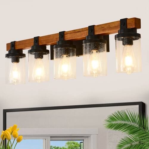 Alt View 1. LUCKY ONE - 5-Light Matte Black Wood Wall Lamp, Glass Shade Sconce for Bathroom or Bedroom Wall Mount - Matte Black,Wood.
