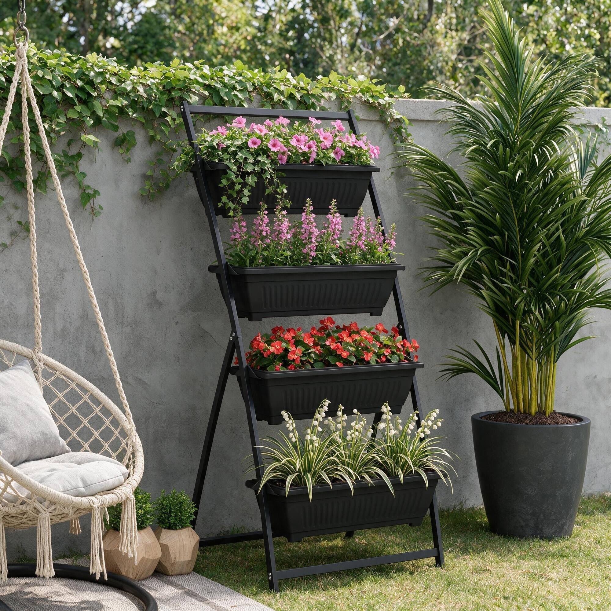 Angle. RYHNUYNE - Outsunny 4 Tier Raised Garden Bed, Vertical Planter Boxes with Stand, Self Draining Elevated Outdoor Garden - Black.