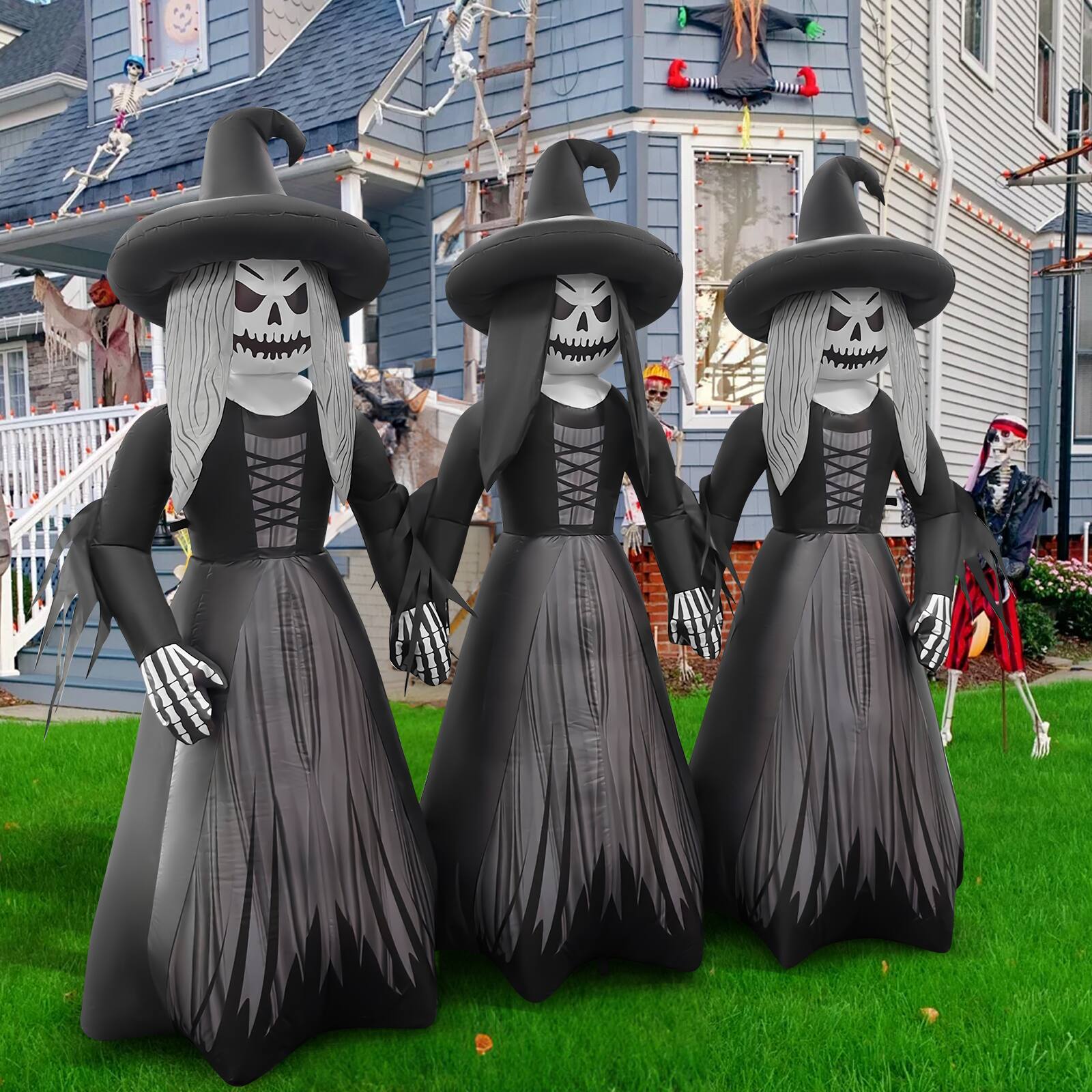Back. GOOSH Inflatables - GOOSH 7FT Inflatable Trio of Pumpkin Witches – Light-Up Halloween Yard Decoration - Black.