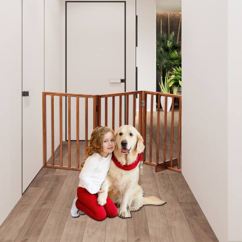 Alt View 6. Winado - Freestanding Pet Gate 24in Height Foldable, 4-Panel Wooden Barrier Fence with Support Feet for Stairs Hallways Doorways - Brown.