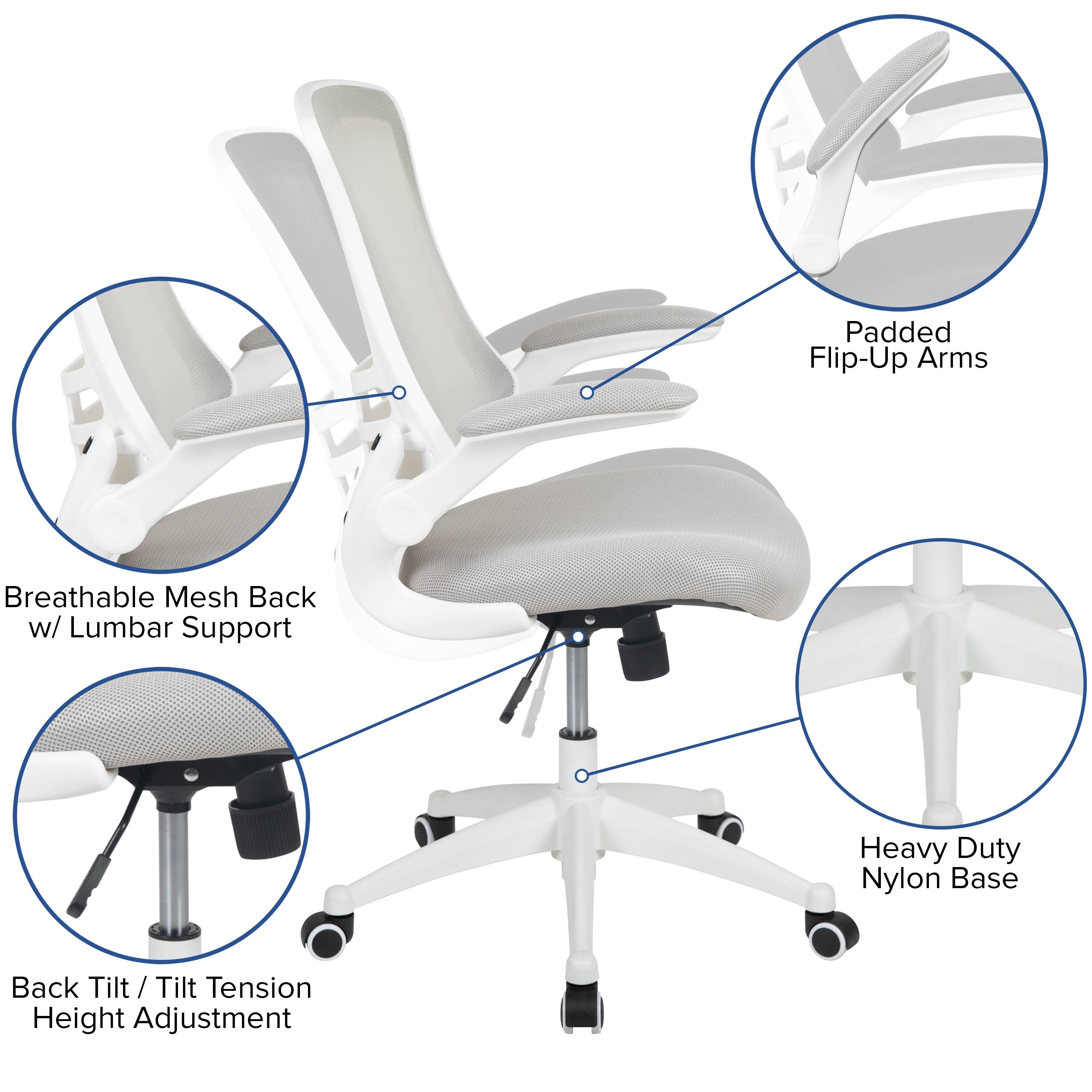 Padded Flip-Up Arms  
Breathable Mesh Back w/ Lumbar Support  
Heavy Duty Nylon Base  
Back Tilt / Tilt Tension Height Adjustment