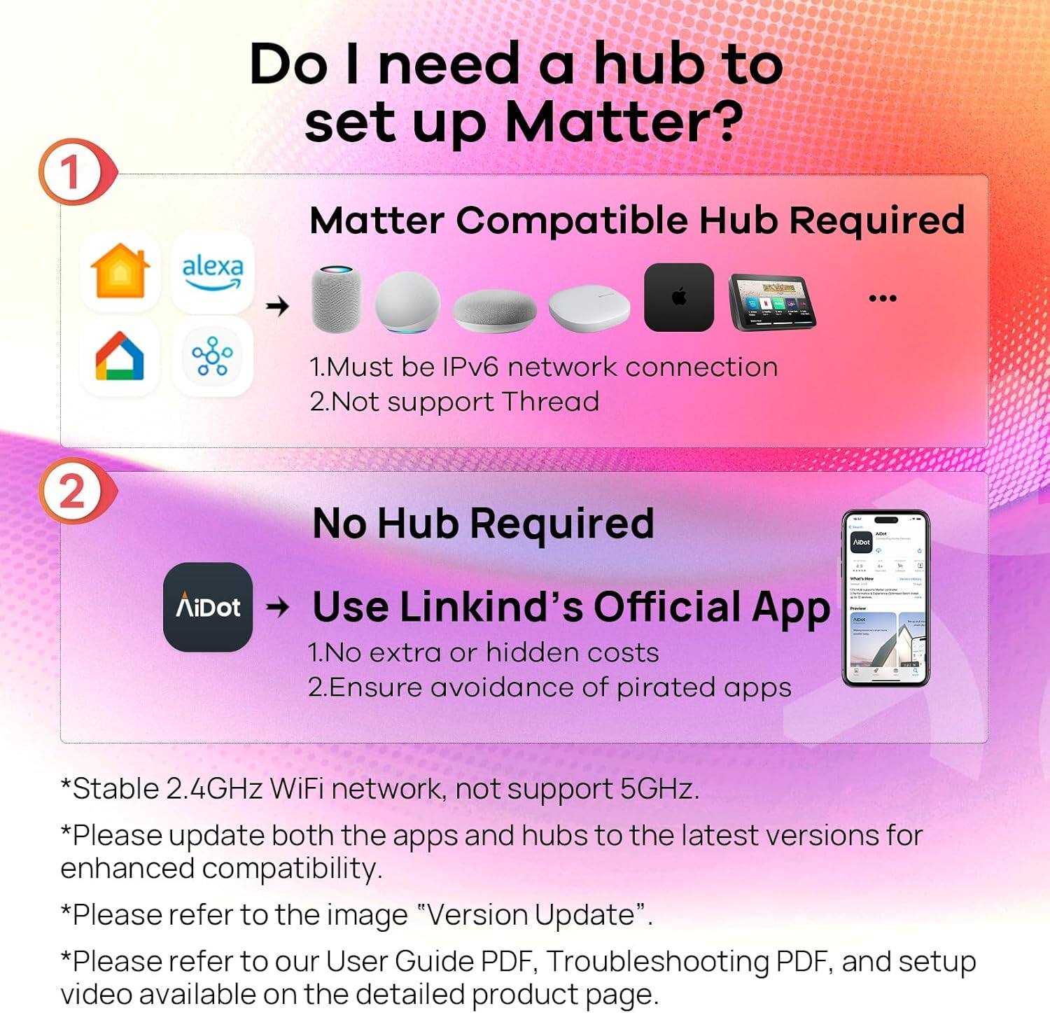 Do I need a hub to set up Matter?

1. Matter Compatible Hub Required
   - Must be IPv6 network connection
   - Not support Thread

2. No Hub Required
   - Use Linkind's Official App
   - No extra or hidden costs
   - Ensure avoidance of pirated apps

*Stable 2.4GHz WiFi network, not support 5GHz.
*Please update both the apps and hubs to the latest versions for enhanced compatibility.
*Please refer to the image "Version Update".
*Please refer to our User Guide PDF, Troubleshooting PDF, and setup video available on the detailed product page.