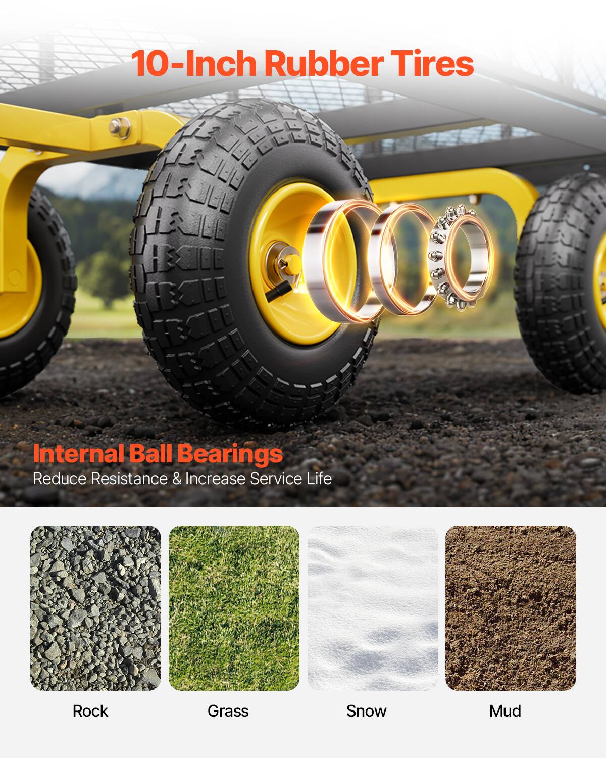 10-Inch Rubber Tires, Internal Ball Bearings, Reduce Resistance & Increase Service Life, Rock, Grass, Snow, Mud