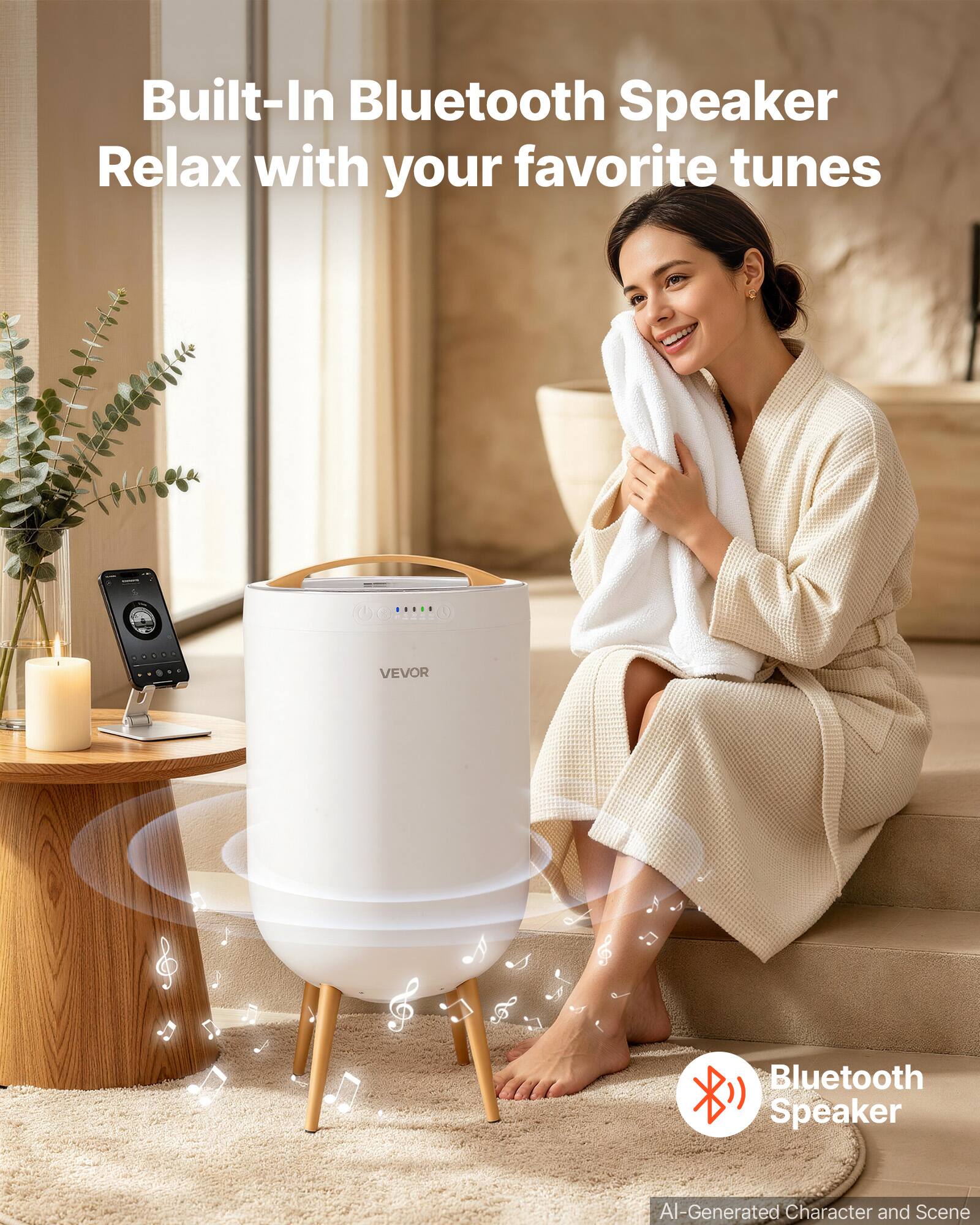 Built-In Bluetooth Speaker  
Relax with your favorite tunes

VEVOR  
Bluetooth Speaker

AI-Generated Character and Scene