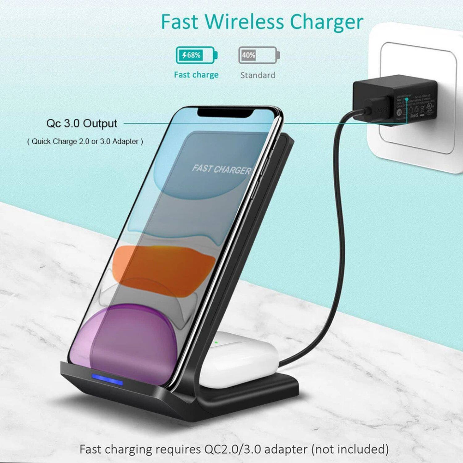 Fast Wireless Charger

- Fast charge: 68%
- Standard: 40%

Qc 3.0 Output (Quick Charge 2.0 or 3.0 Adapter)

Fast charging requires QC2.0/3.0 adapter (not included)