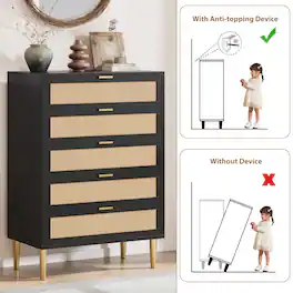 Qeetex - Rattan 5 Drawer Dresser, 44'' Tall Narrow Chest, Farmhouse Vertical Dresser with Metal Legs and Handles - Black