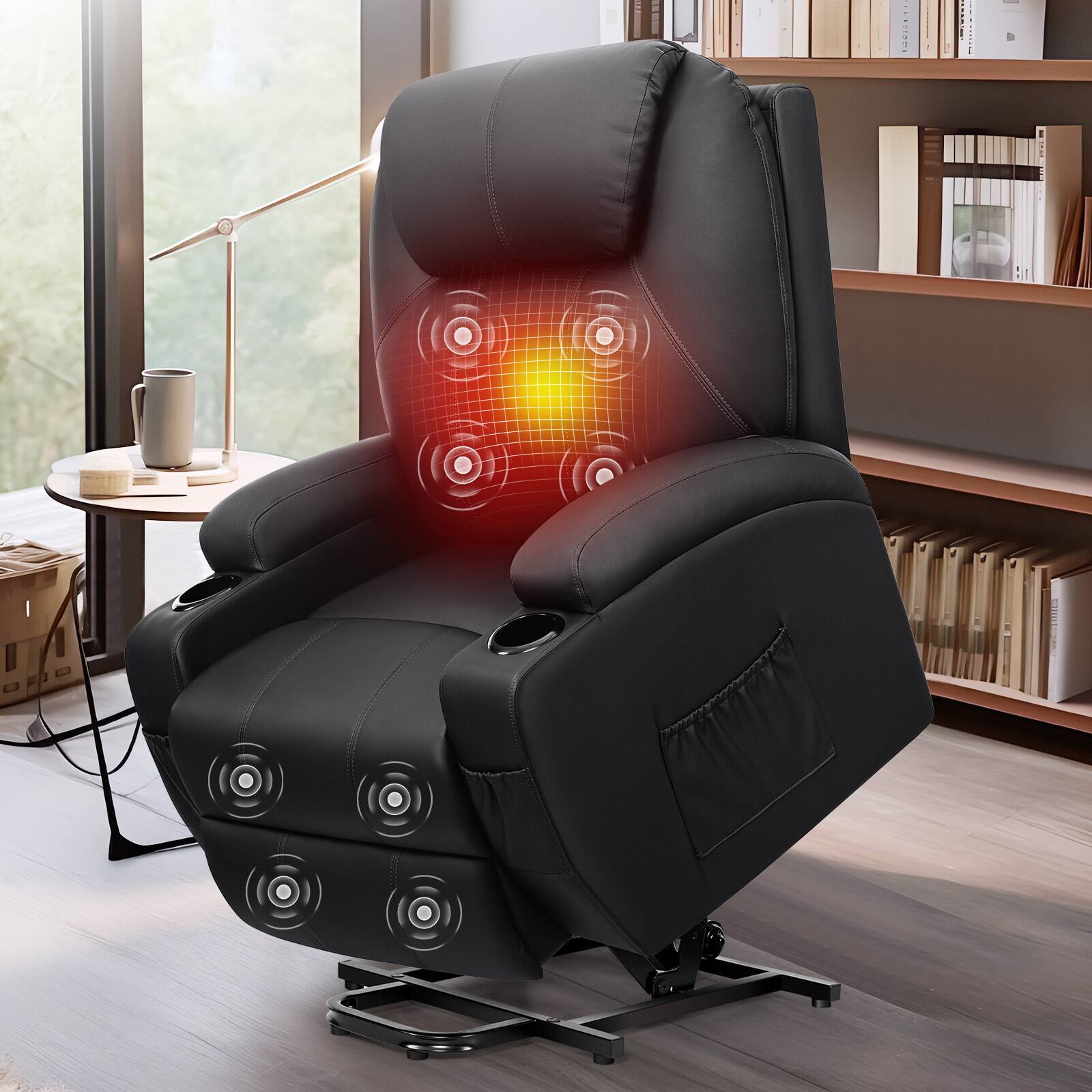 Left. Brick Attic - Electric Lift Recliner Sofa with Massage/ Heating Function, Dual Motors and Max 155° tilt, Single Sofa Home Theater Seat - Black.