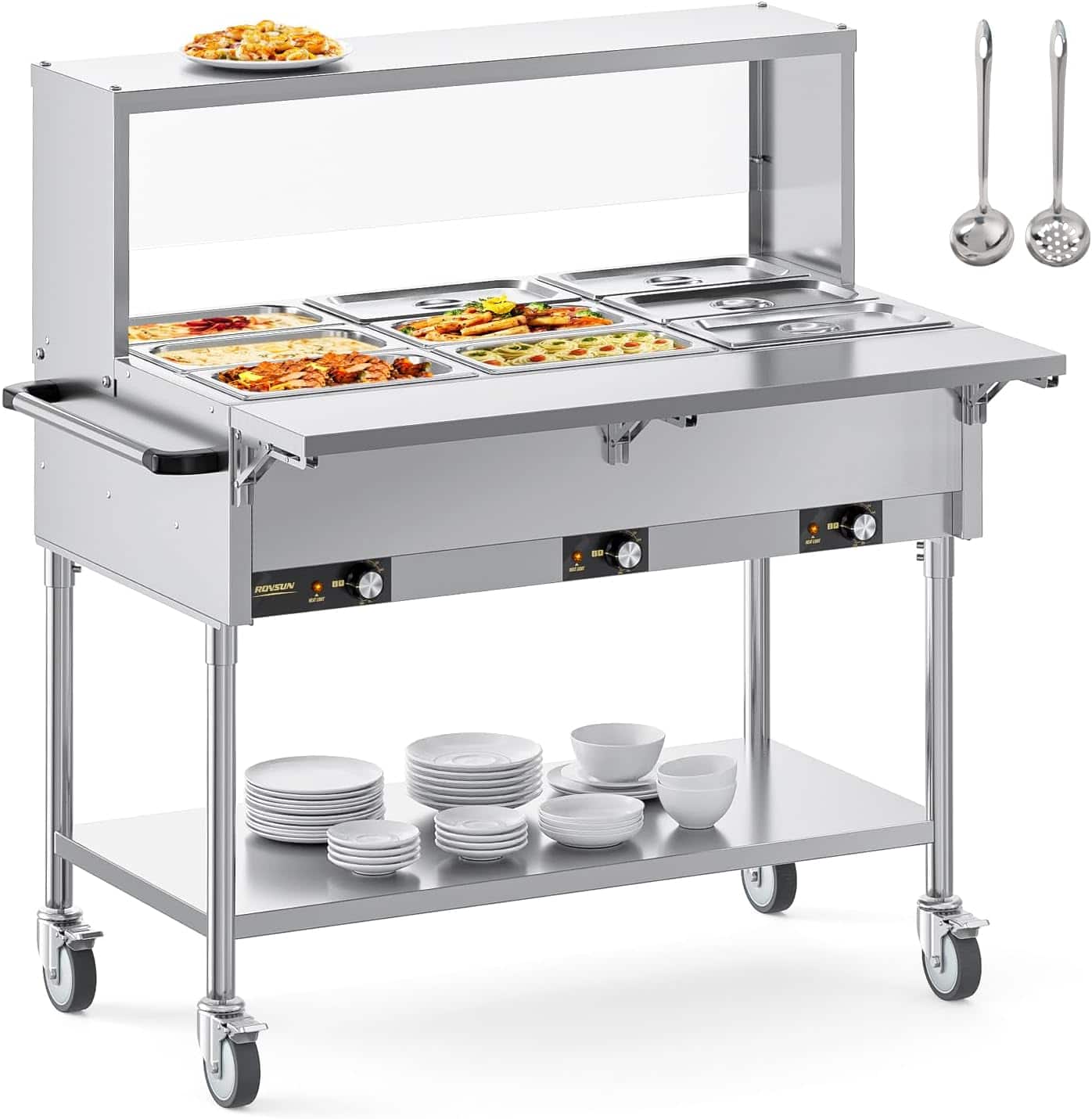 Winado - 72QT 1500W Electric Commercial Food Warmer, 9-Pan Steam Table 8QT/Pan Stainless Steel Bain Marie w/Overshelf Undershelf - Silver
