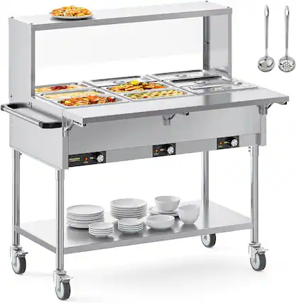 Front. Winado - 72QT 1500W Electric Commercial Food Warmer, 9-Pan Steam Table 8QT/Pan Stainless Steel Bain Marie w/Overshelf Undershelf - Silver.