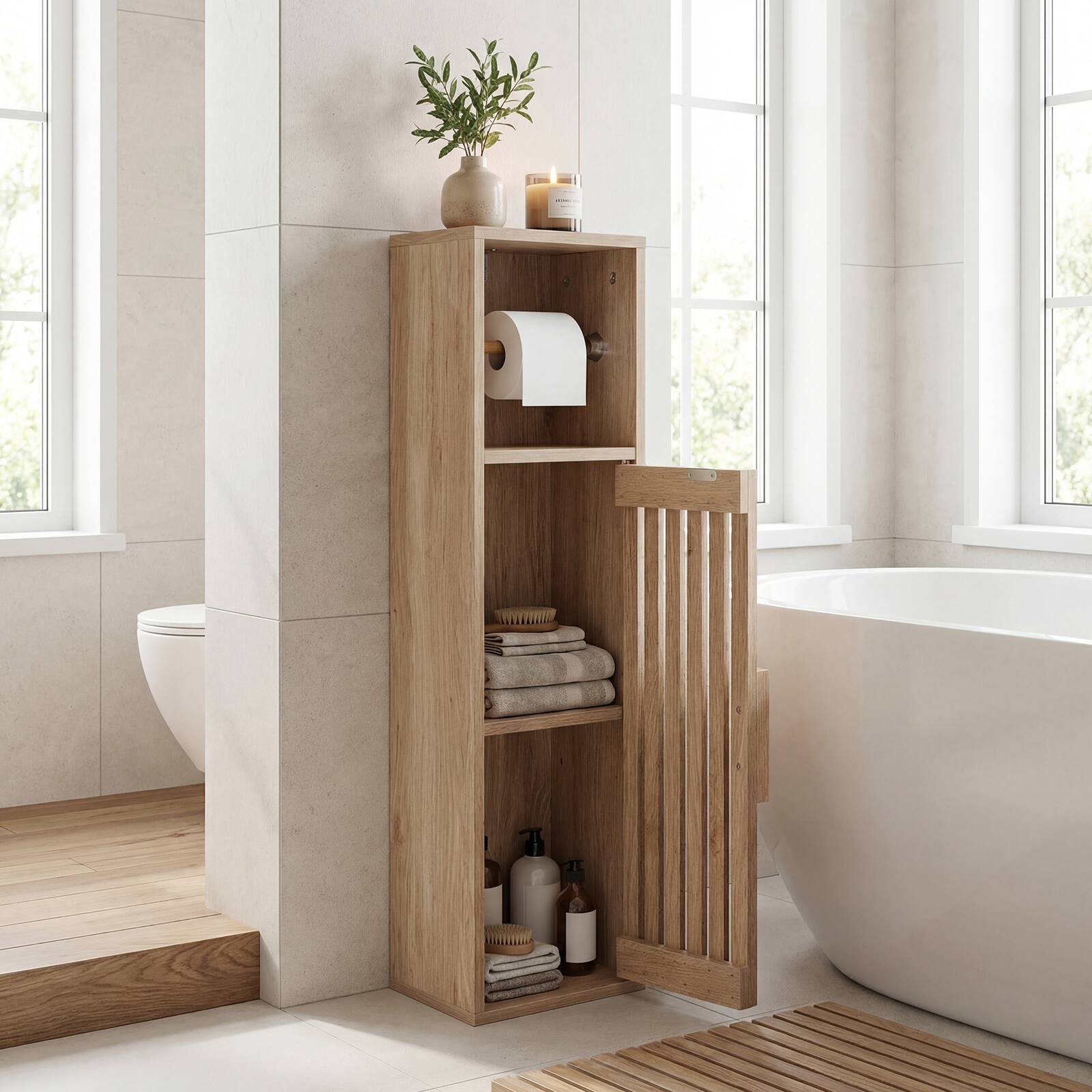 Alt View 1. Costway - Costway Slim Bathroom Cabinets, Freestanding Toilet Paper Holder Stand with Door - Natural.
